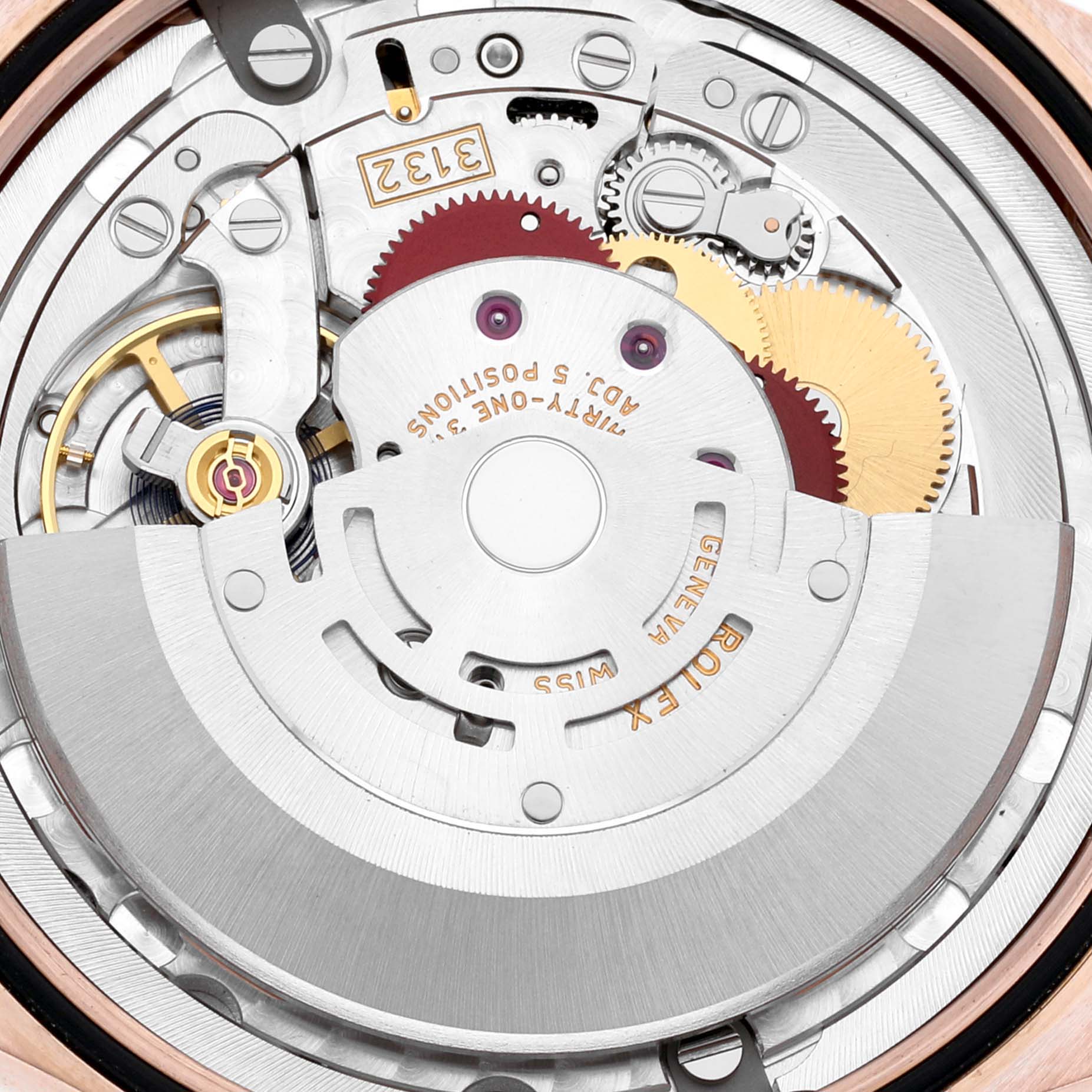 The image shows a close-up of the movement mechanism of a Rolex Cellini 50505 Men's Rose Gold Black Dial 50505 Men's Rose Gold Black Dial watch.
