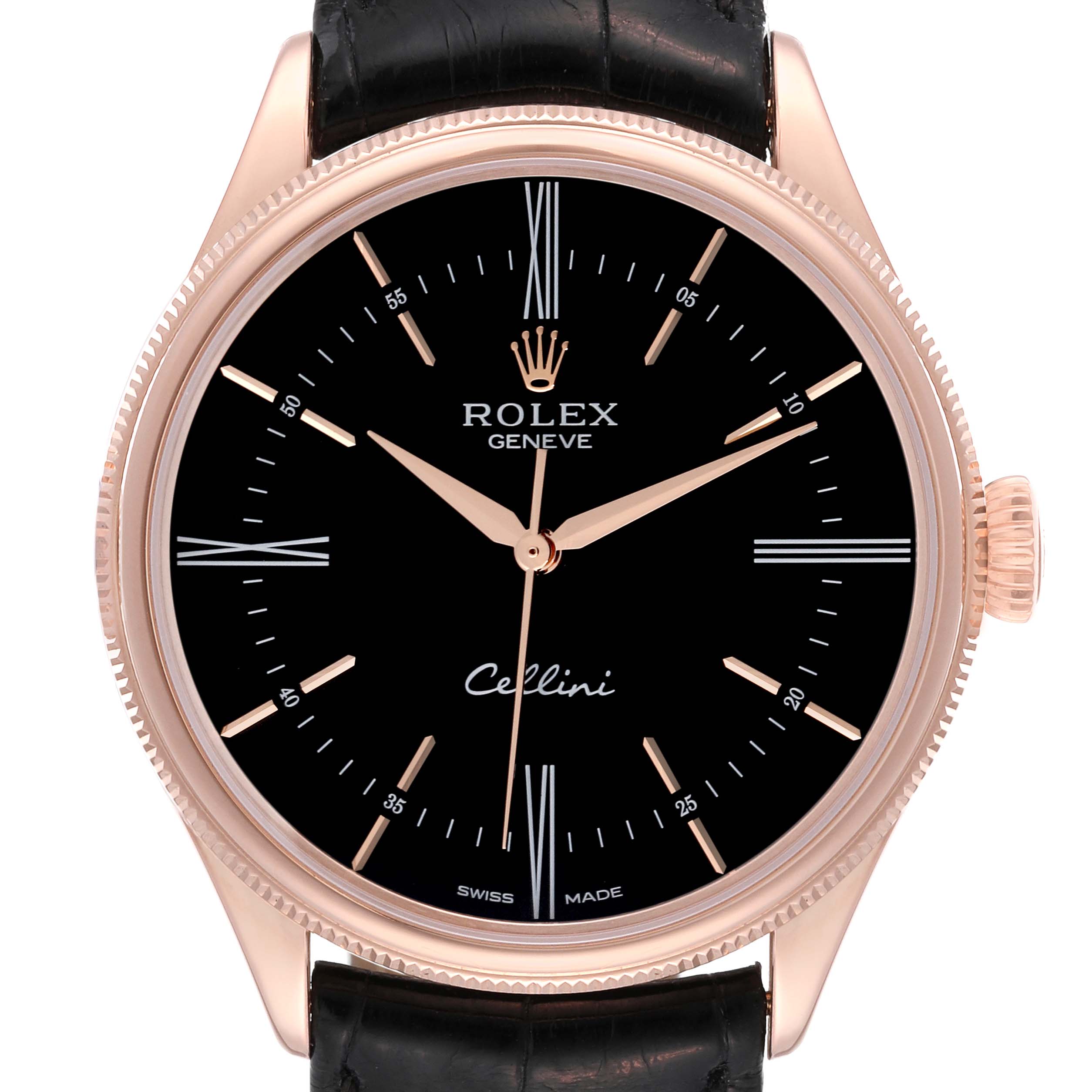 The image shows a Rolex Cellini 50505 Men's Rose Gold Black Dial 50505 Men's Rose Gold Black Dial watch with a rose gold case, black dial, and black leather strap from a front angle.