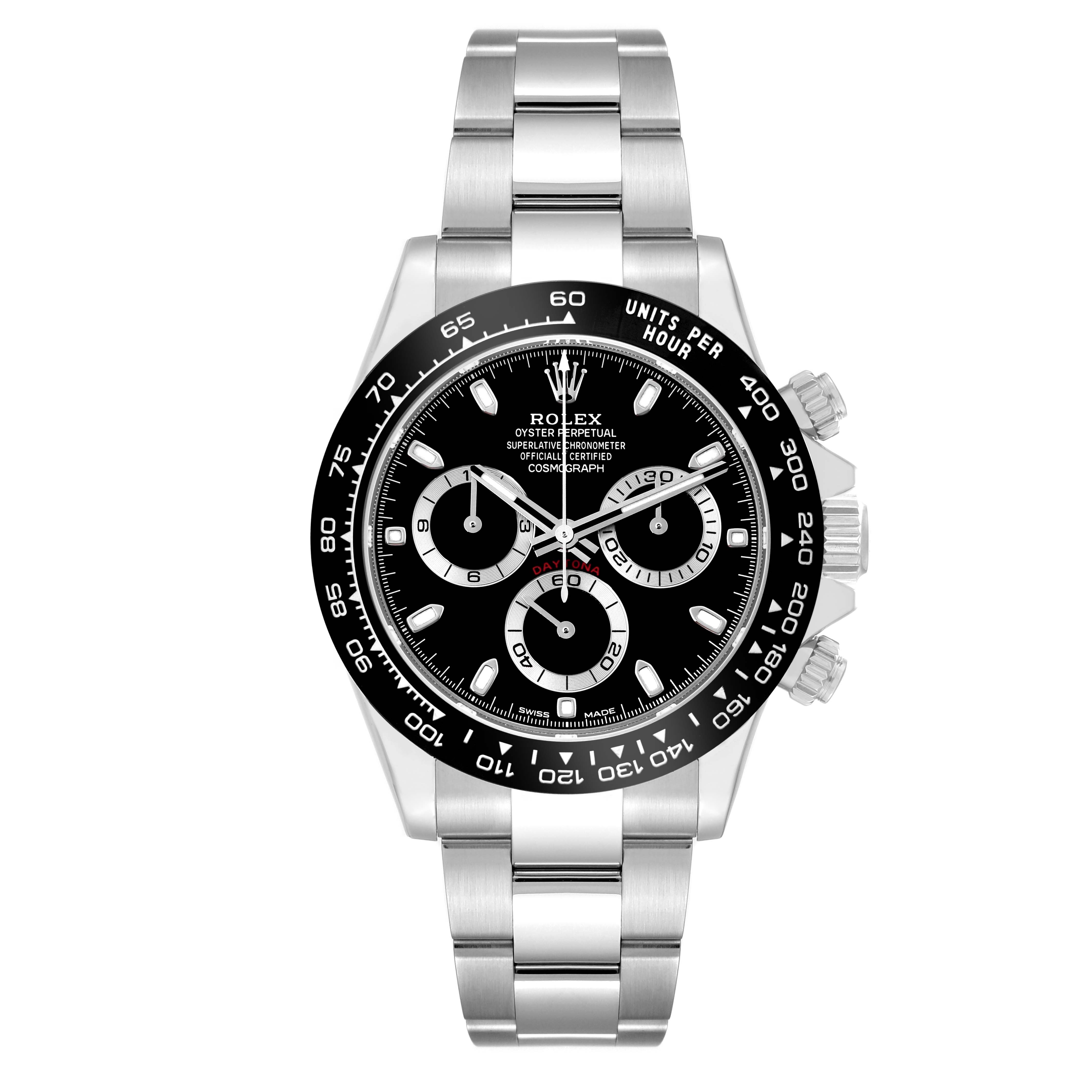 This image shows a frontal view of a Rolex Daytona 116500LN Men's Stainless Steel Black Dial 116500LN Men's Stainless Steel Black Dial watch, highlighting the dial, bezel, crown, pushers, and bracelet.