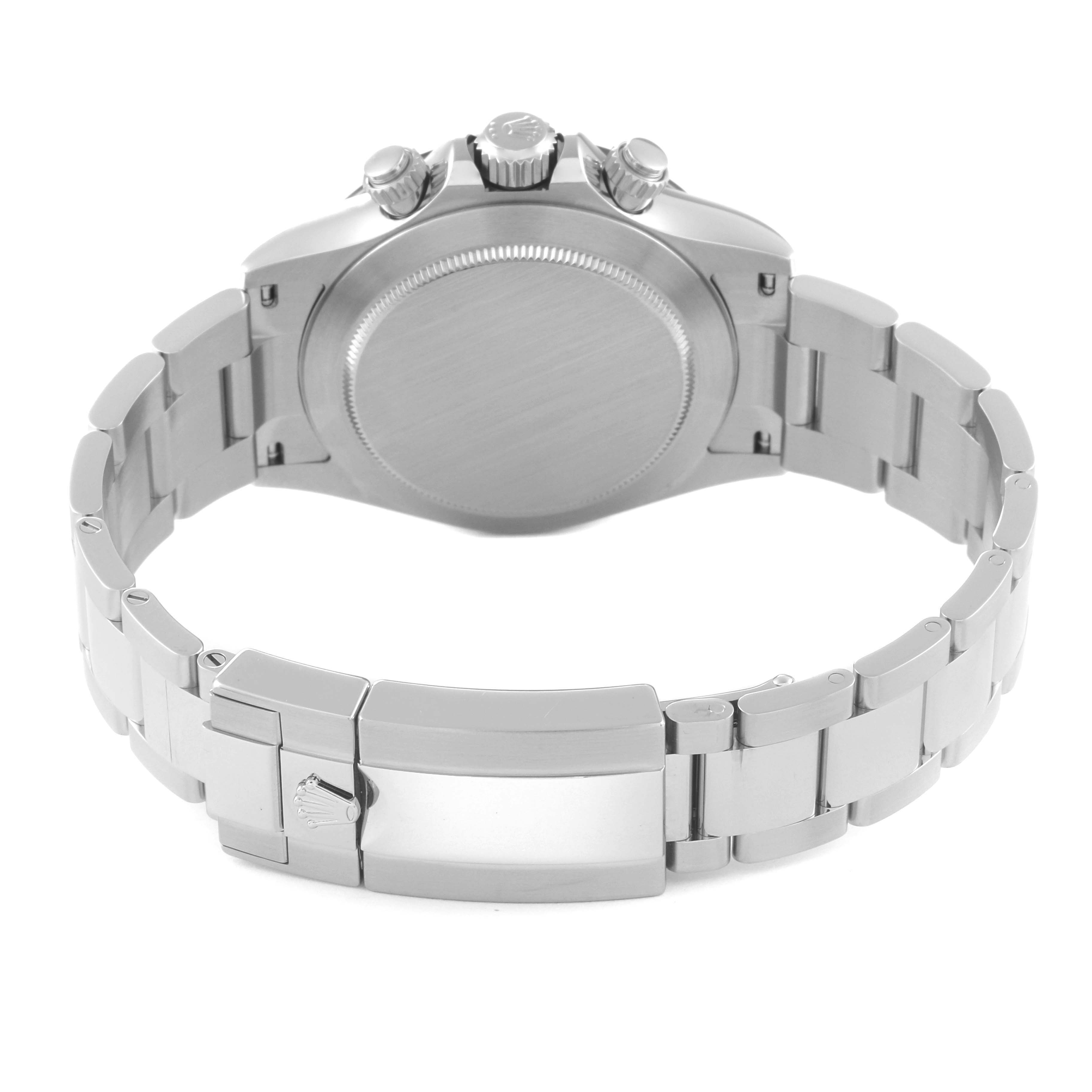 The image shows the back case and clasp of a Rolex Daytona 116500LN Men's Stainless Steel Black Dial 116500LN Men's Stainless Steel Black Dial watch, highlighting the bracelet and crown.