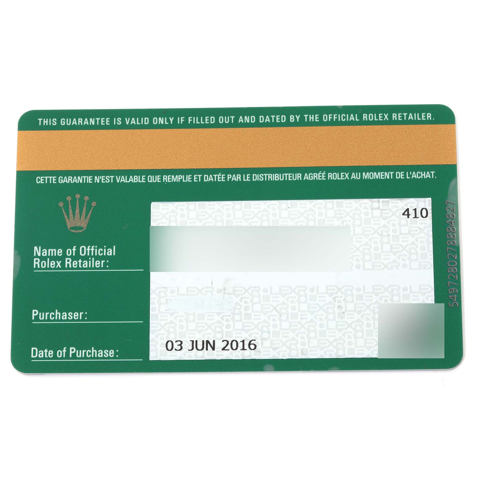 This image shows the warranty card for the Rolex Daytona 116500LN Men's Stainless Steel Black Dial 116500LN Men's Stainless Steel Black Dial watch, viewed from above.