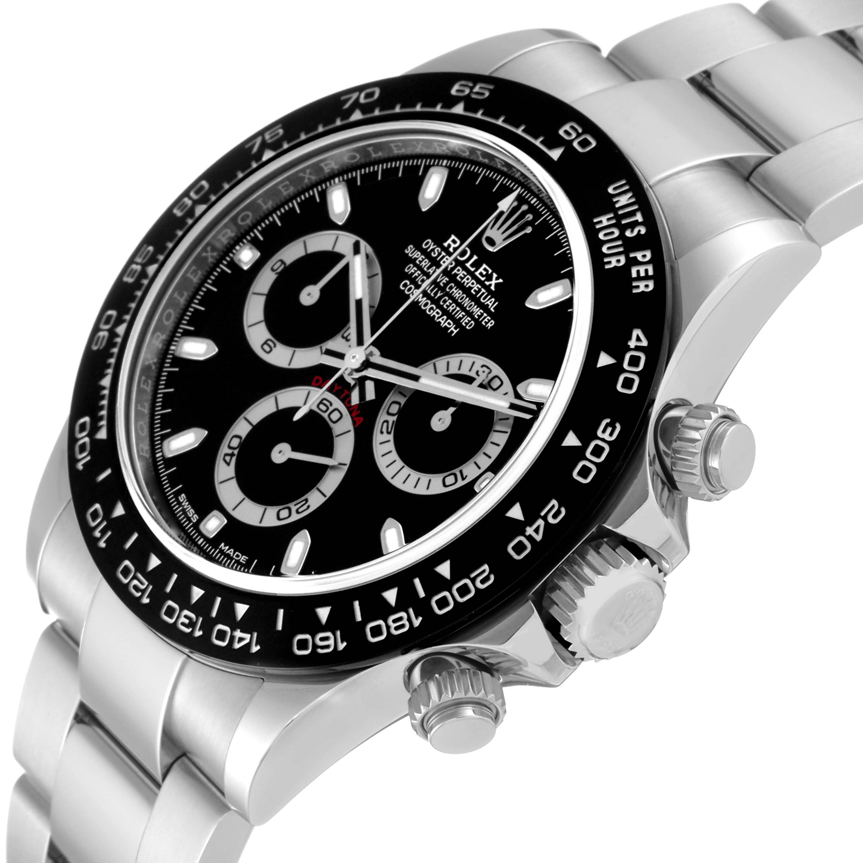 The Rolex Daytona 116500LN Men's Stainless Steel Black Dial 116500LN Men's Stainless Steel Black Dial watch is shown at a slight angle, displaying the face, bezel, crown, and chronograph pushers.