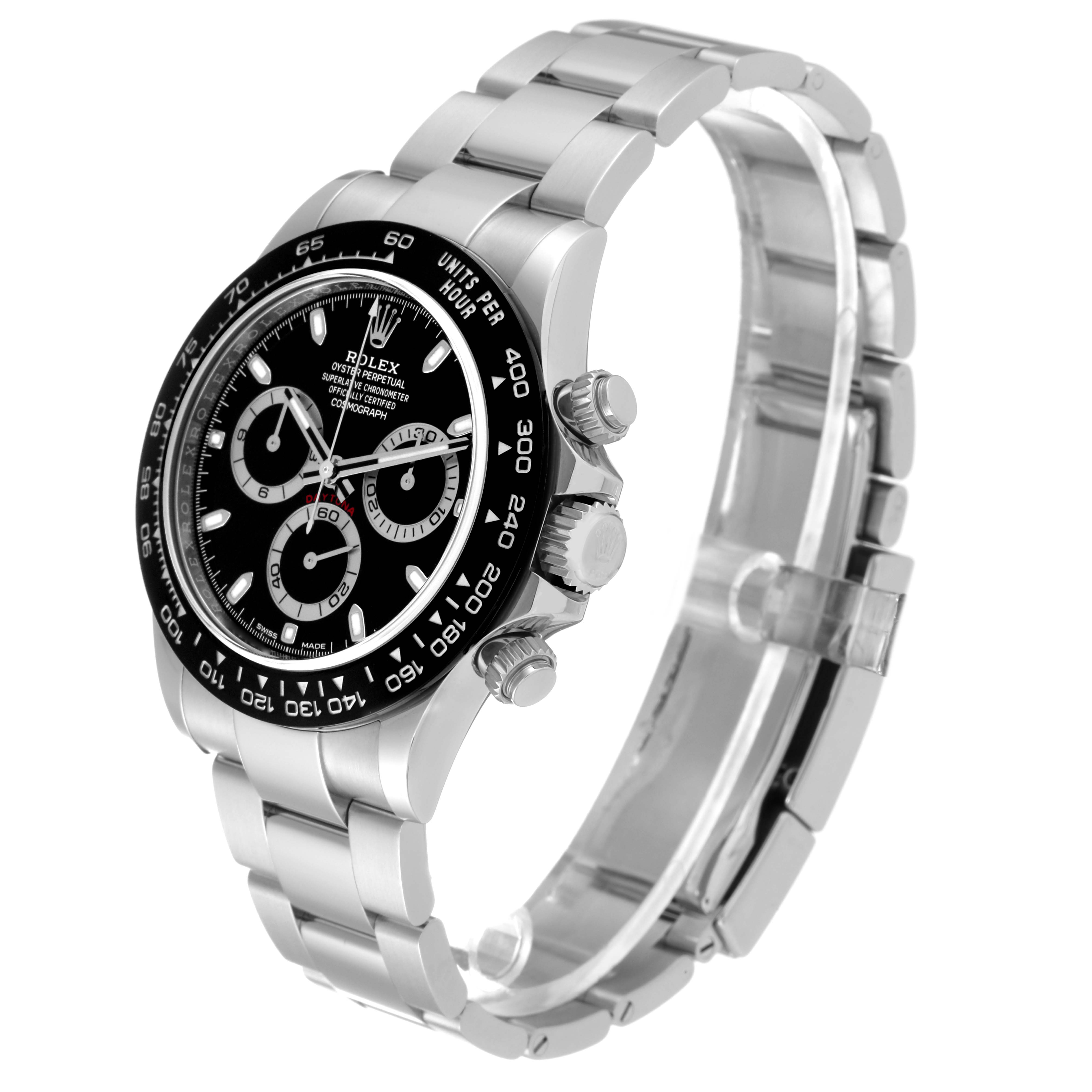 The image shows a side and front angle of a Rolex Daytona 116500LN Men's Stainless Steel Black Dial 116500LN Men's Stainless Steel Black Dial watch, displaying its face, bezel, chronograph buttons, and bracelet.