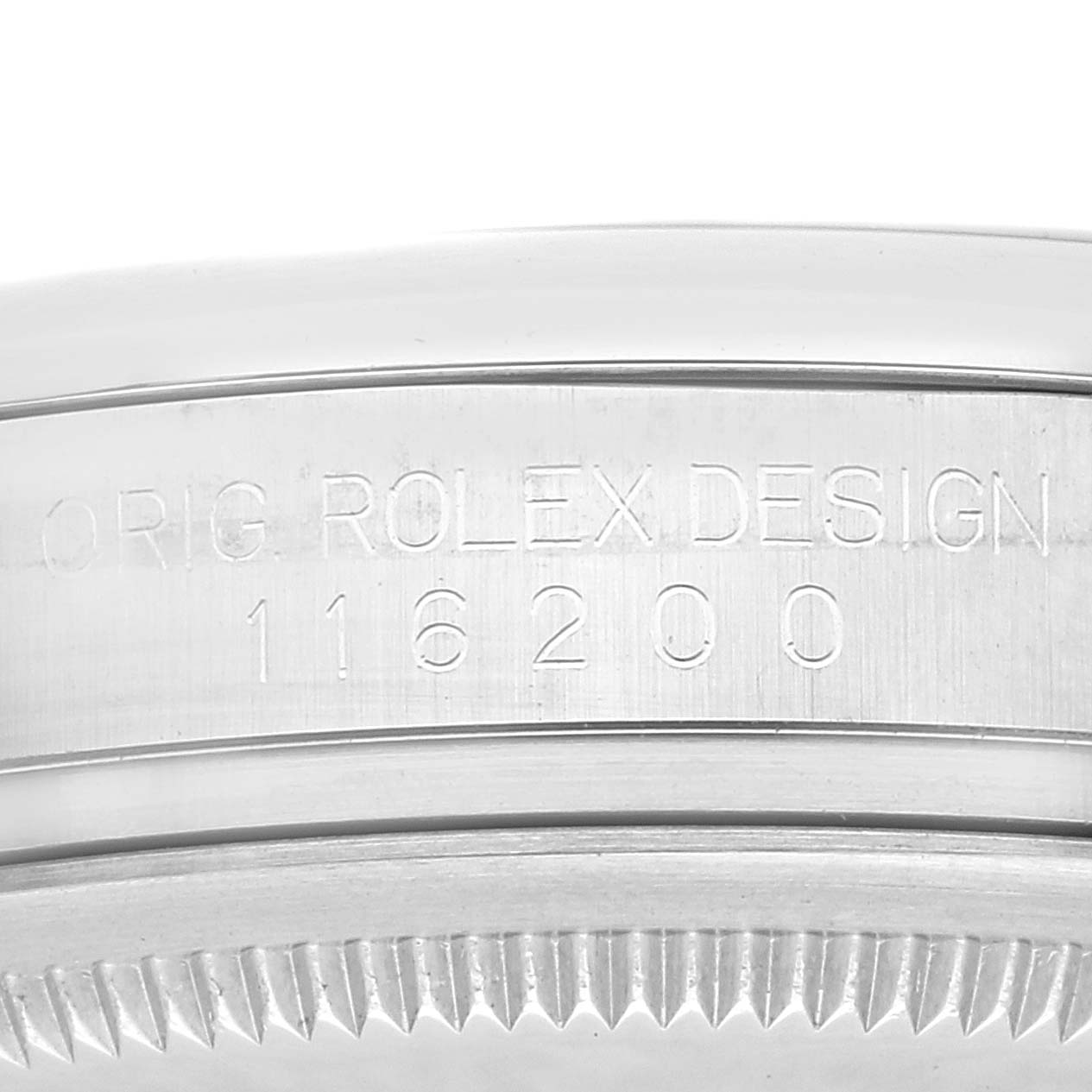 The image shows a close-up of the case side with the engraved model number of the Rolex Datejust 116200 Men's Stainless Steel Pink Dial 116200 Men's Stainless Steel Pink Dial watch.