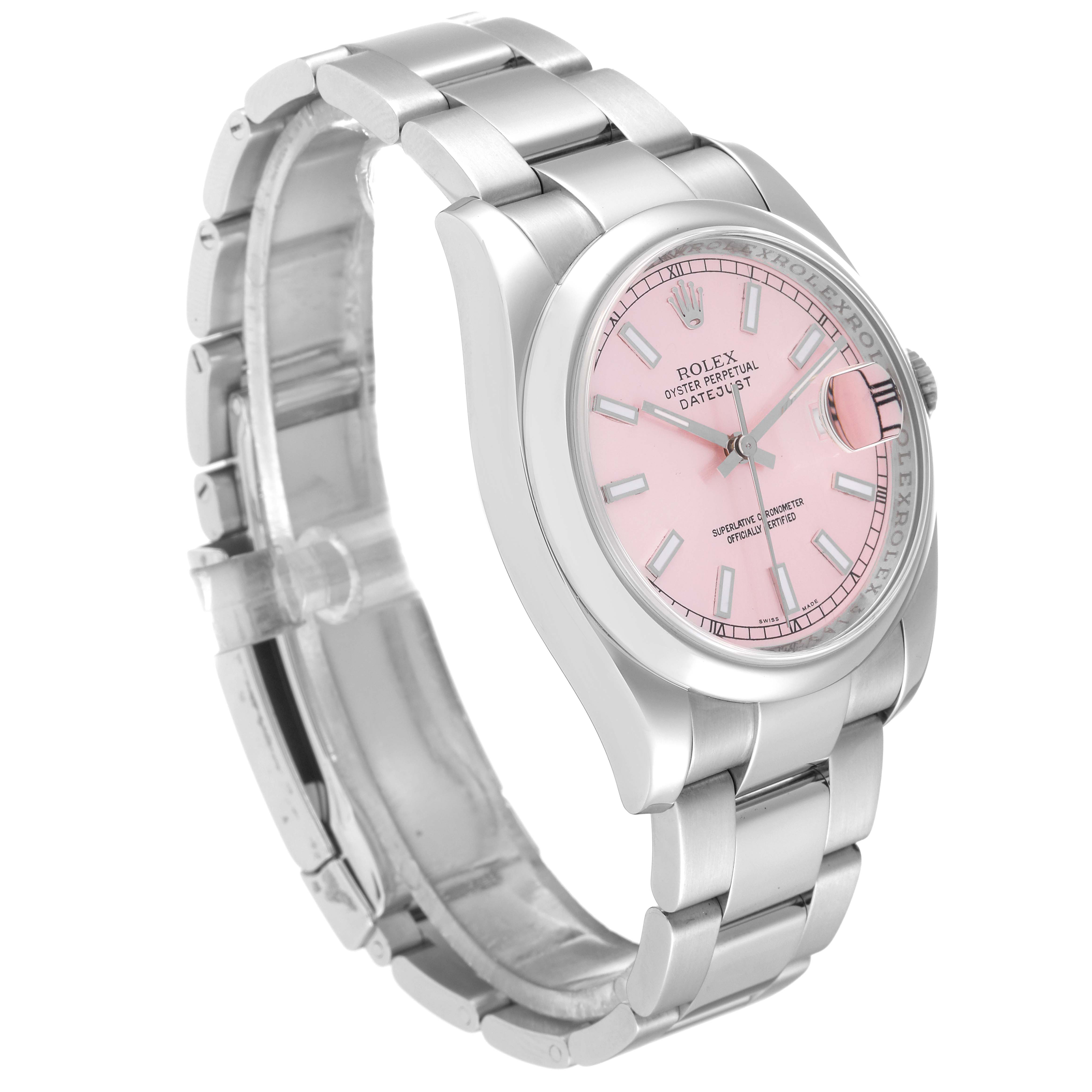 A Rolex Datejust 116200 Men's Stainless Steel Pink Dial 116200 Men's Stainless Steel Pink Dial watch is shown at an angle displaying the bracelet, case, and pink dial clearly.