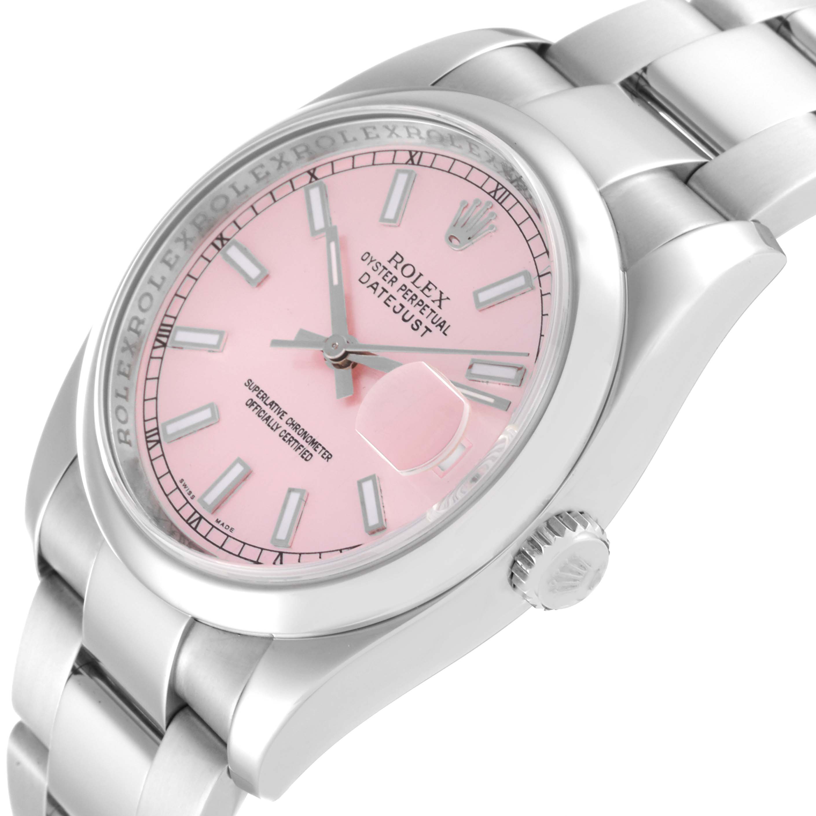 The image shows a Rolex Datejust 116200 Men's Stainless Steel Pink Dial 116200 Men's Stainless Steel Pink Dial watch from an angled view, highlighting its pink dial, bezel, and part of the bracelet.