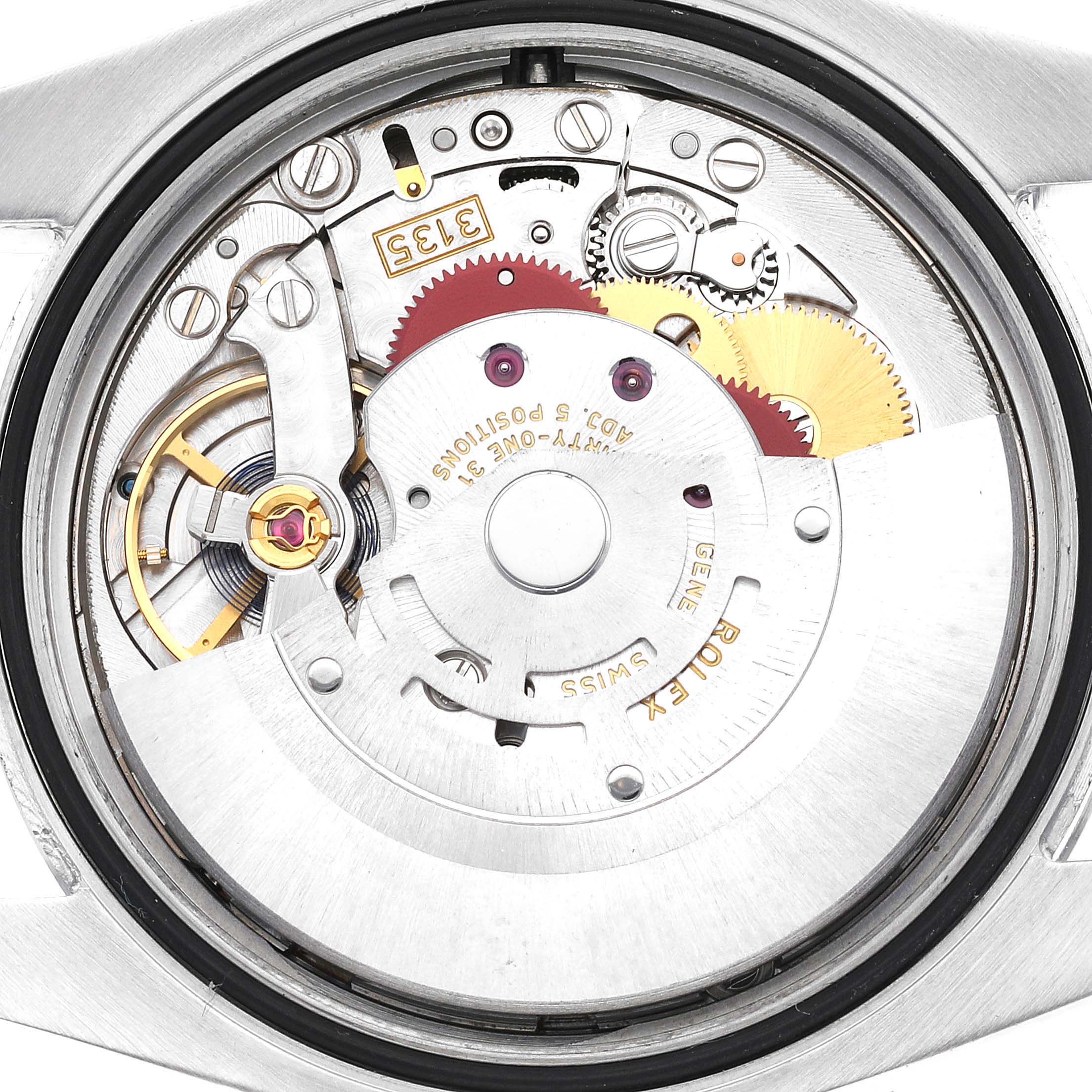 The image shows the internal mechanism of a Rolex Datejust 116200 Men's Stainless Steel Pink Dial 116200 Men's Stainless Steel Pink Dial watch, viewed from the back with its case opened.