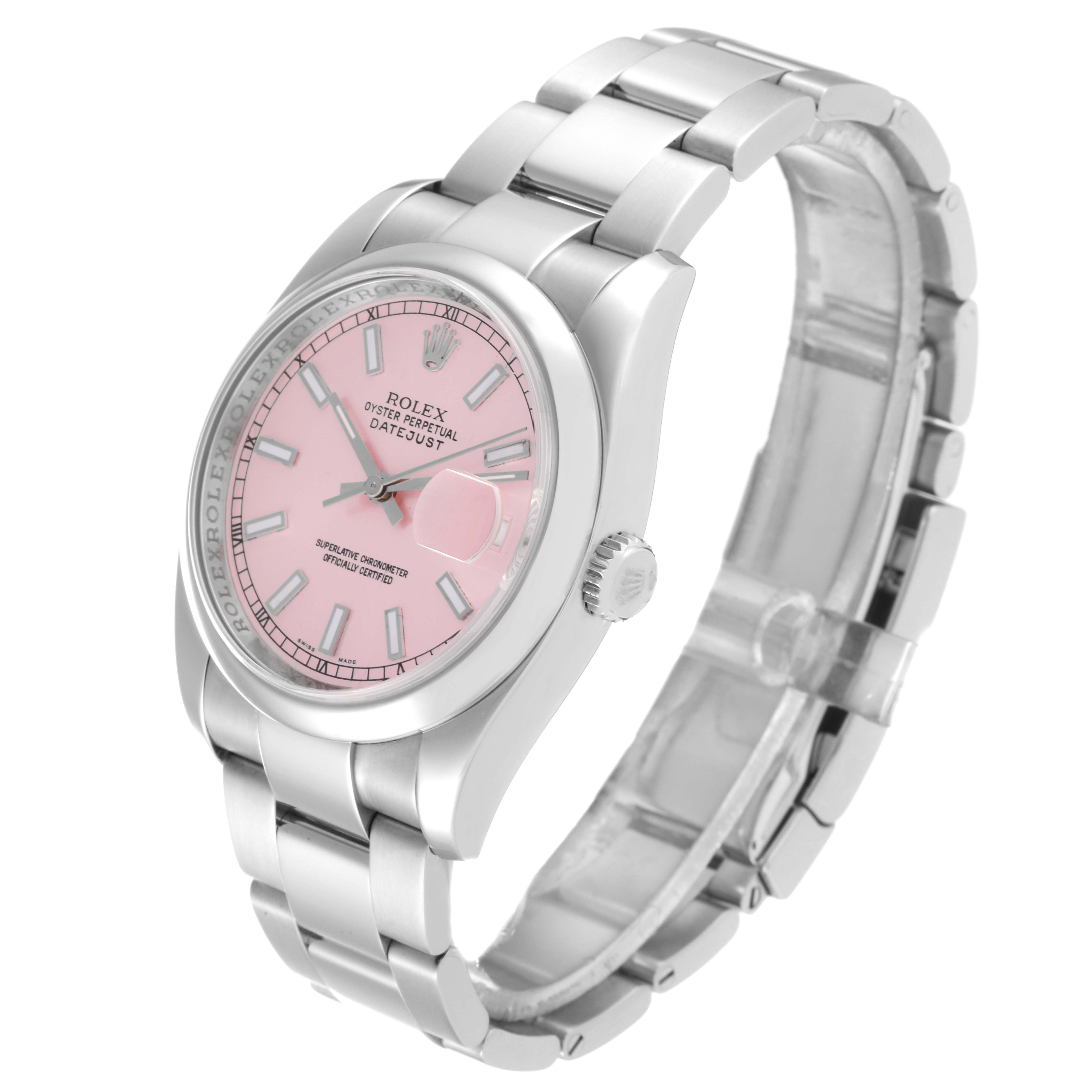 This image shows a Rolex Datejust 116200 Men's Stainless Steel Pink Dial 116200 Men's Stainless Steel Pink Dial watch with a pink dial, viewed at a front-left angle.
