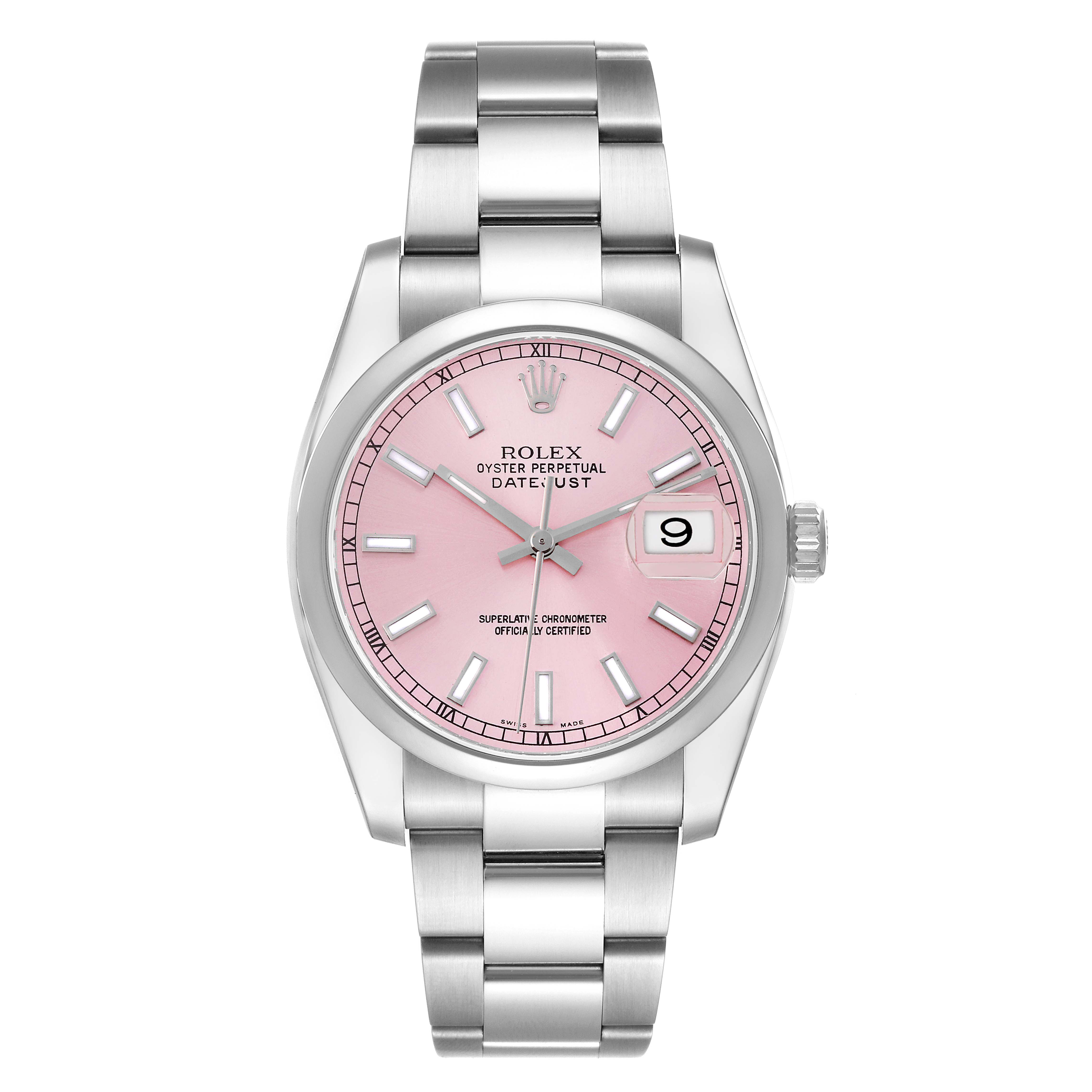 The image shows a front view of a Rolex Datejust 116200 Men's Stainless Steel Pink Dial 116200 Men's Stainless Steel Pink Dial watch with a pink dial and silver bracelet.