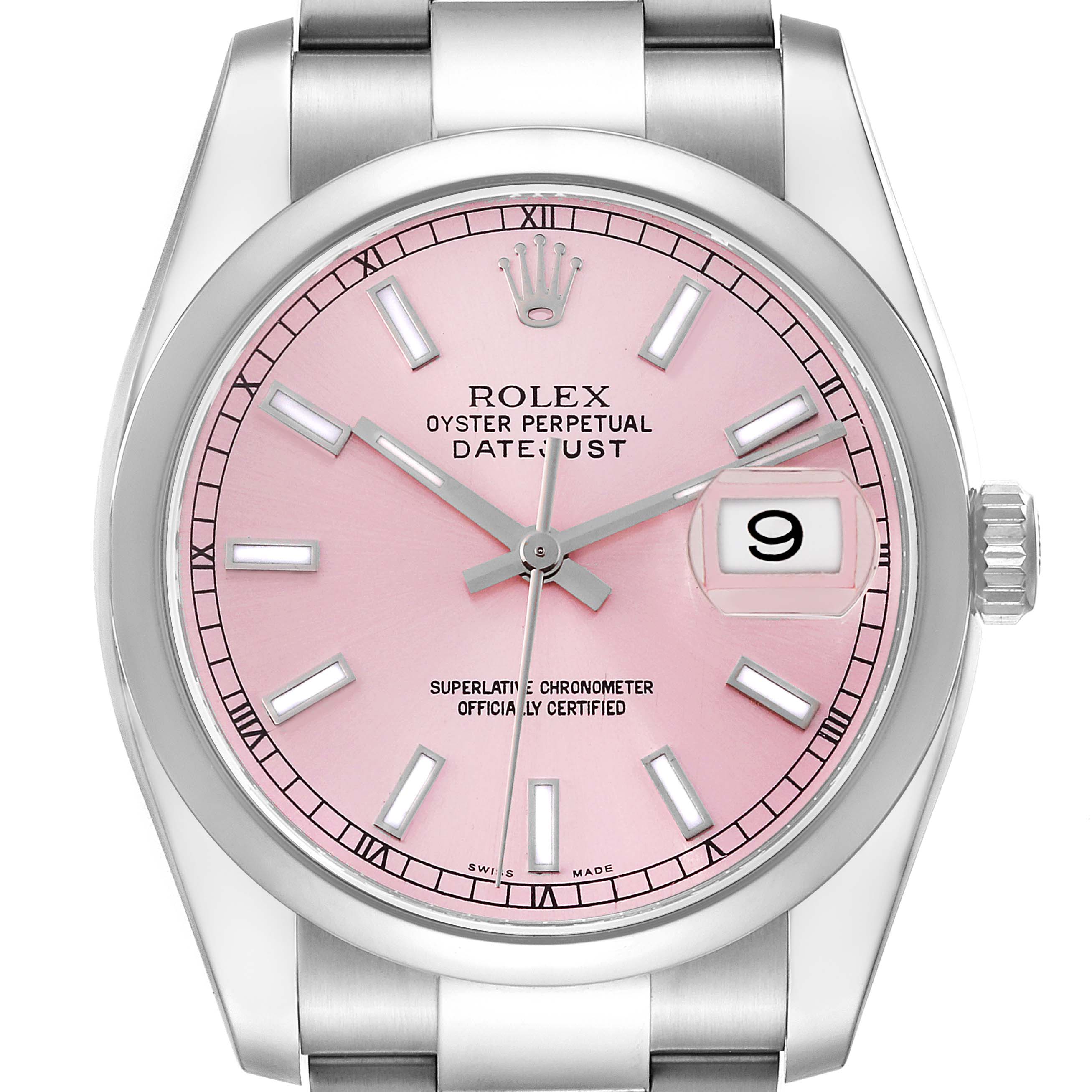 This image shows a front view of a Rolex Datejust 116200 Men's Stainless Steel Pink Dial 116200 Men's Stainless Steel Pink Dial watch, highlighting its pink dial, hands, crown, and Oystersteel bracelet.