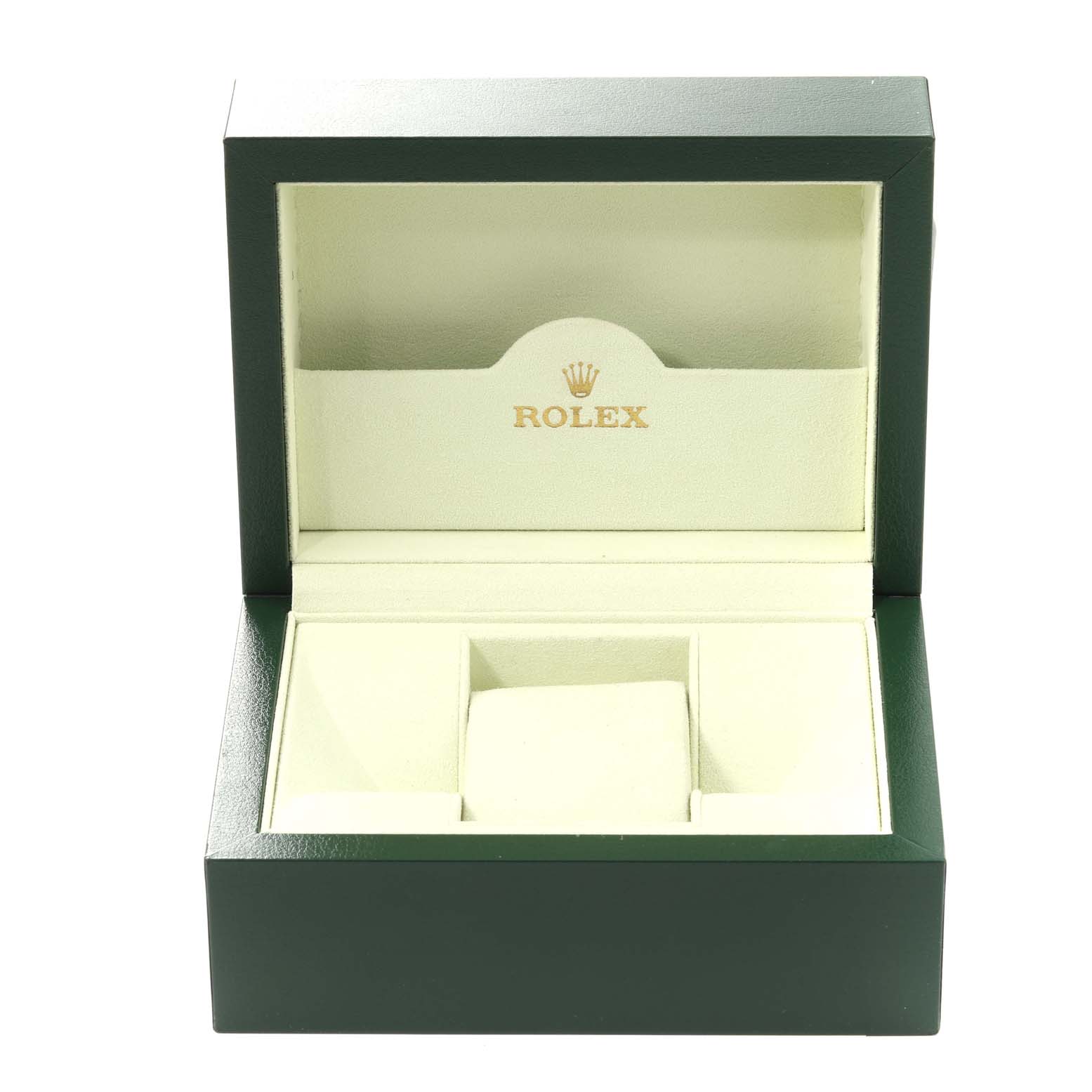 The image shows an open Rolex Datejust 116200 Men's Stainless Steel Pink Dial 116200 Men's Stainless Steel Pink Dial watch box in a front-facing angle, displaying the interior compartments.