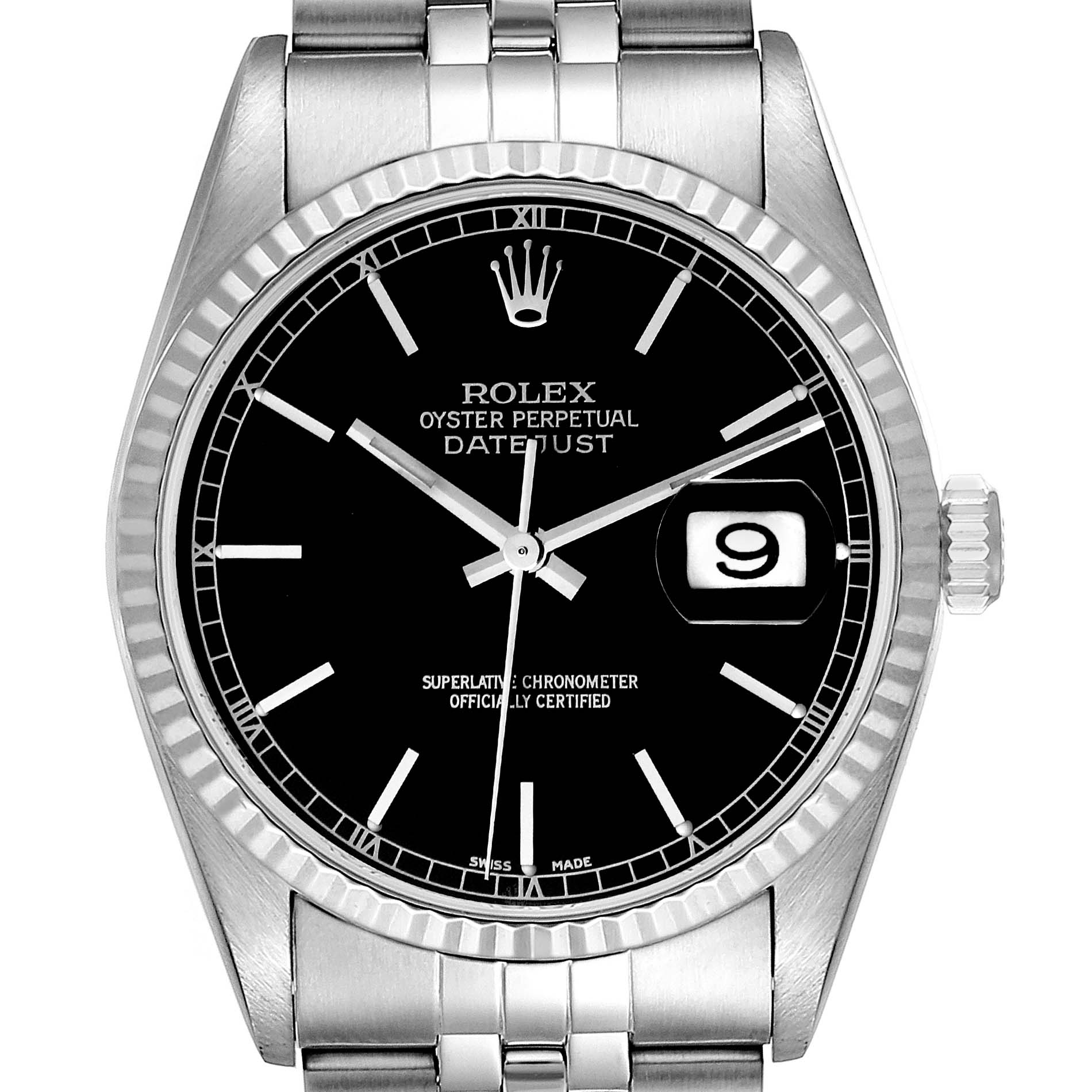 The image shows a Rolex Datejust 16234 Men's Stainless Steel Black Dial 16234 Men's Stainless Steel Black Dial watch from a front angle, highlighting the black dial, date window, and stainless steel bracelet.