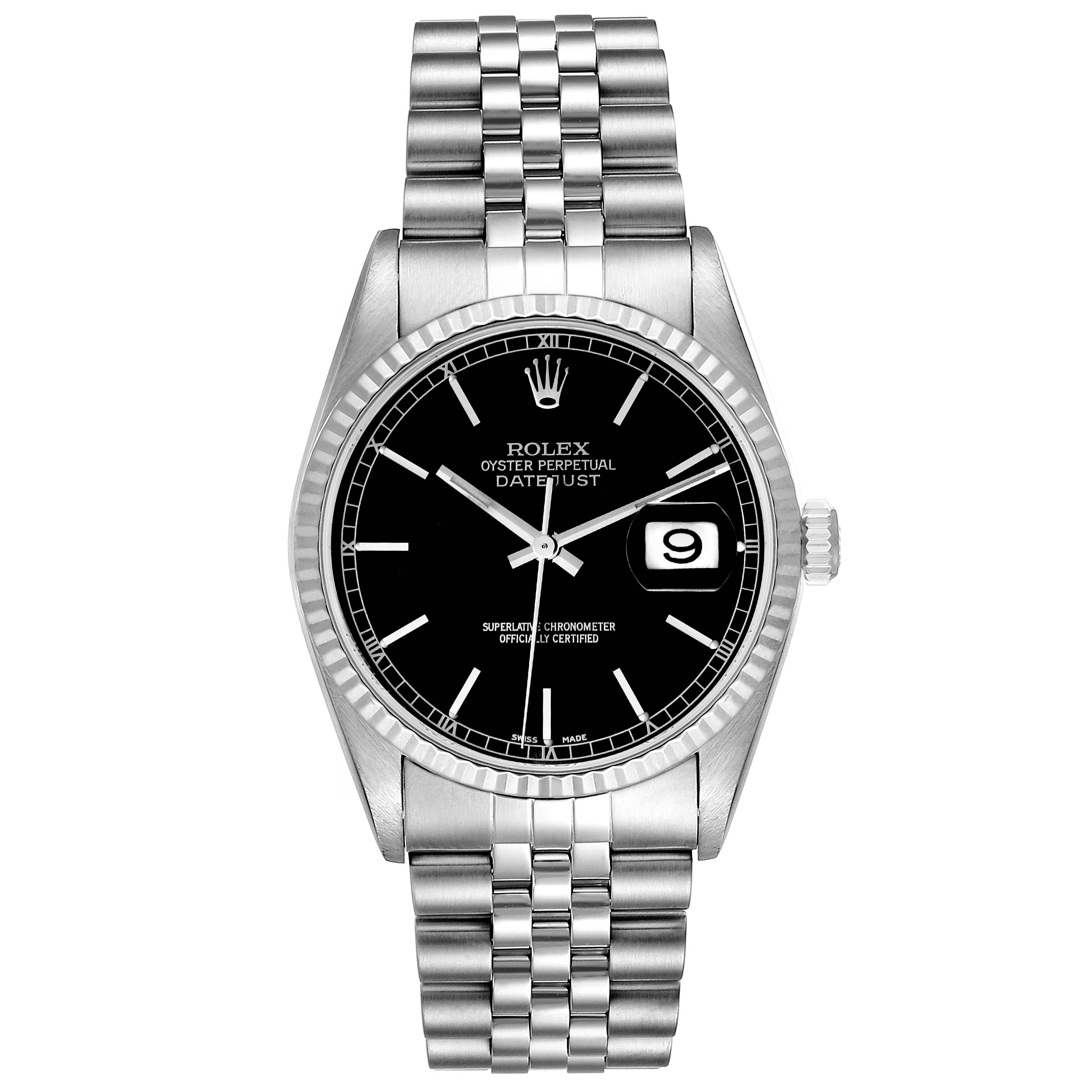 This Rolex Datejust 16234 Men's Stainless Steel Black Dial 16234 Men's Stainless Steel Black Dial watch is shown from a front view, highlighting its black dial, date window, and stainless steel bracelet.