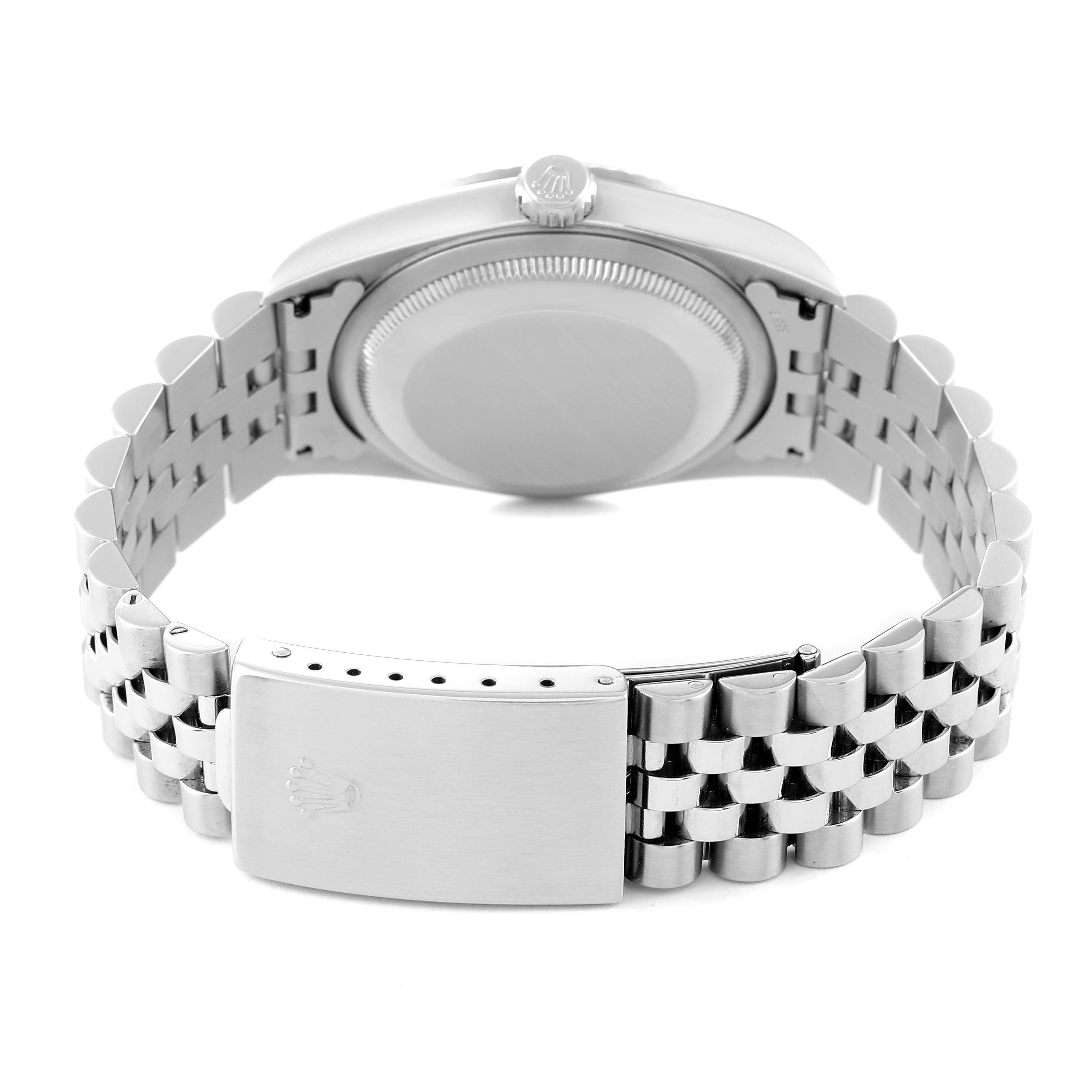 The image shows the back view of a Rolex Datejust 16234 Men's Stainless Steel Black Dial 16234 Men's Stainless Steel Black Dial, featuring the case back, crown, and Jubilee bracelet with a clasp.