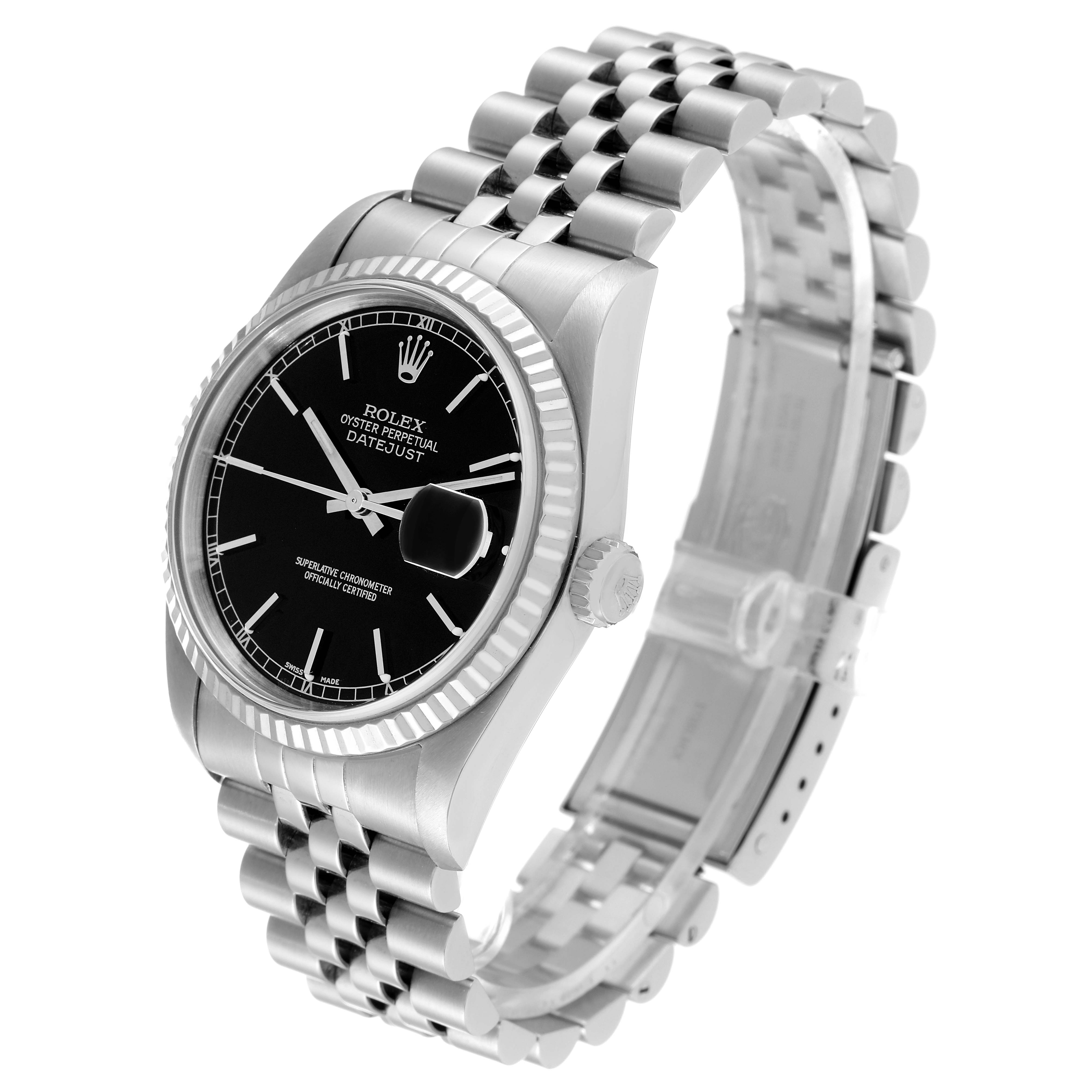 The image shows a Rolex Datejust 16234 Men's Stainless Steel Black Dial 16234 Men's Stainless Steel Black Dial watch at a three-quarter angle, highlighting its black dial, fluted bezel, and Jubilee bracelet.