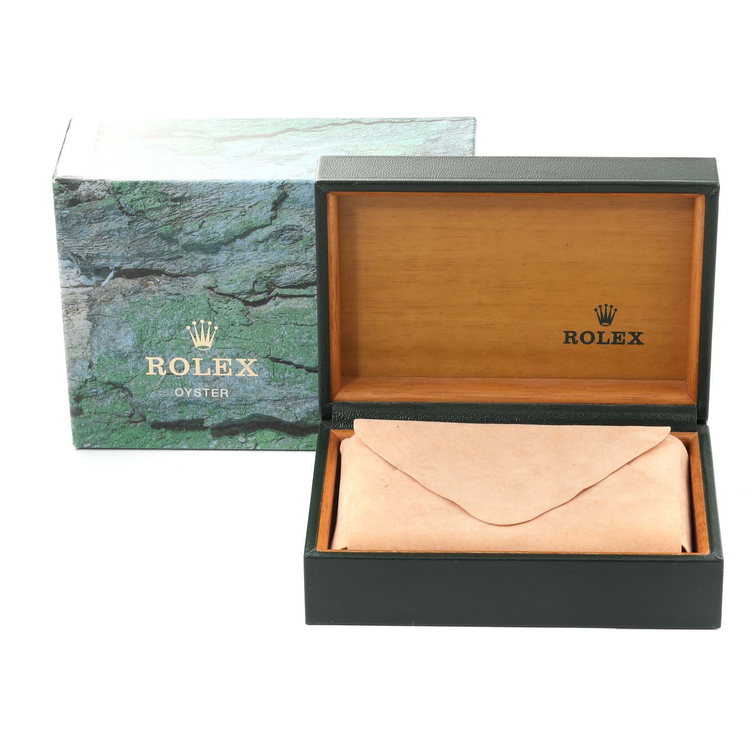 The image shows a Rolex Datejust 16234 Men's Stainless Steel Black Dial 16234 Men's Stainless Steel Black Dial presentation box and packaging, viewed from the front with the box open, revealing a leather pouch.