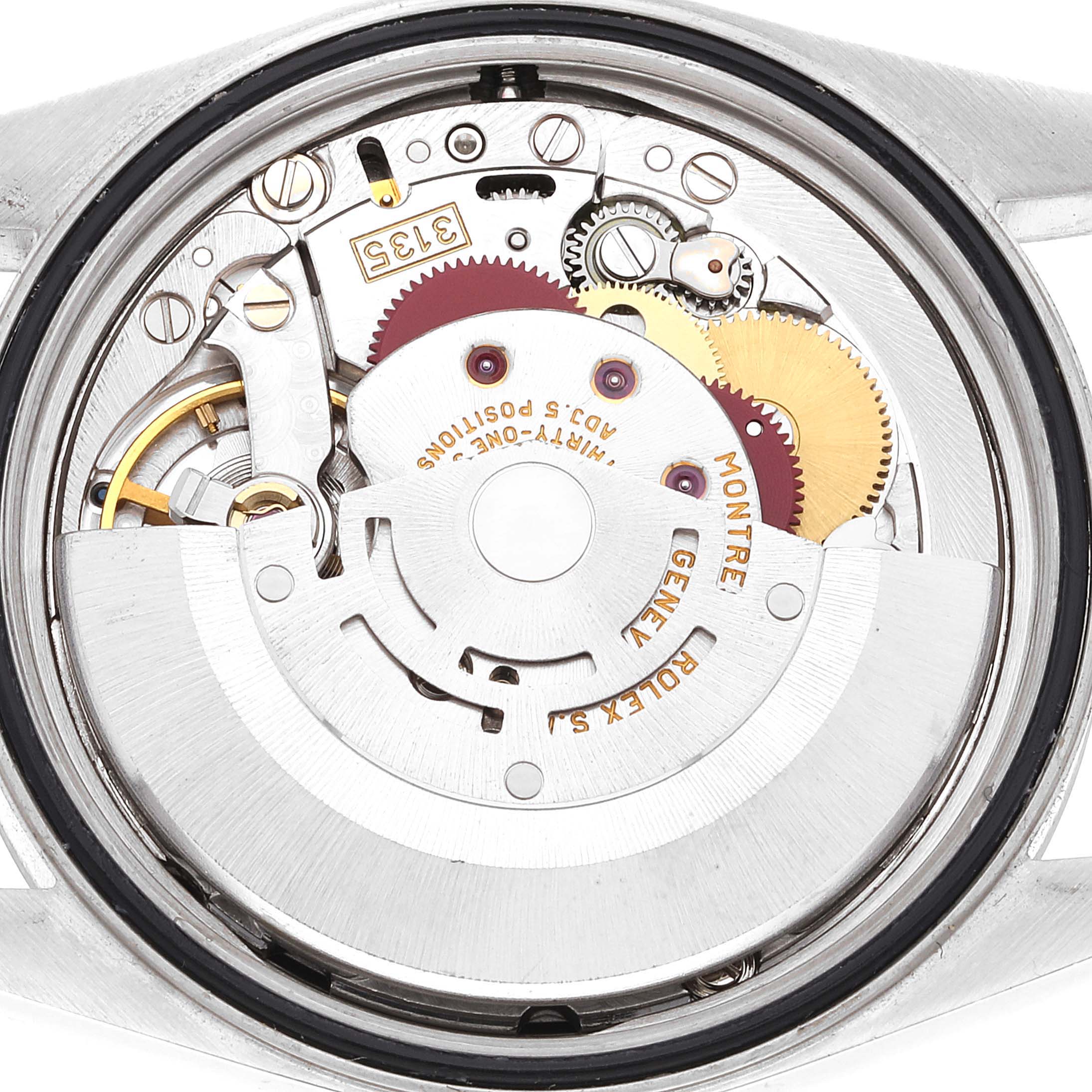 This image shows the internal movement mechanism of the Rolex Datejust 16234 Men's Stainless Steel Black Dial 16234 Men's Stainless Steel Black Dial watch from a back angle.
