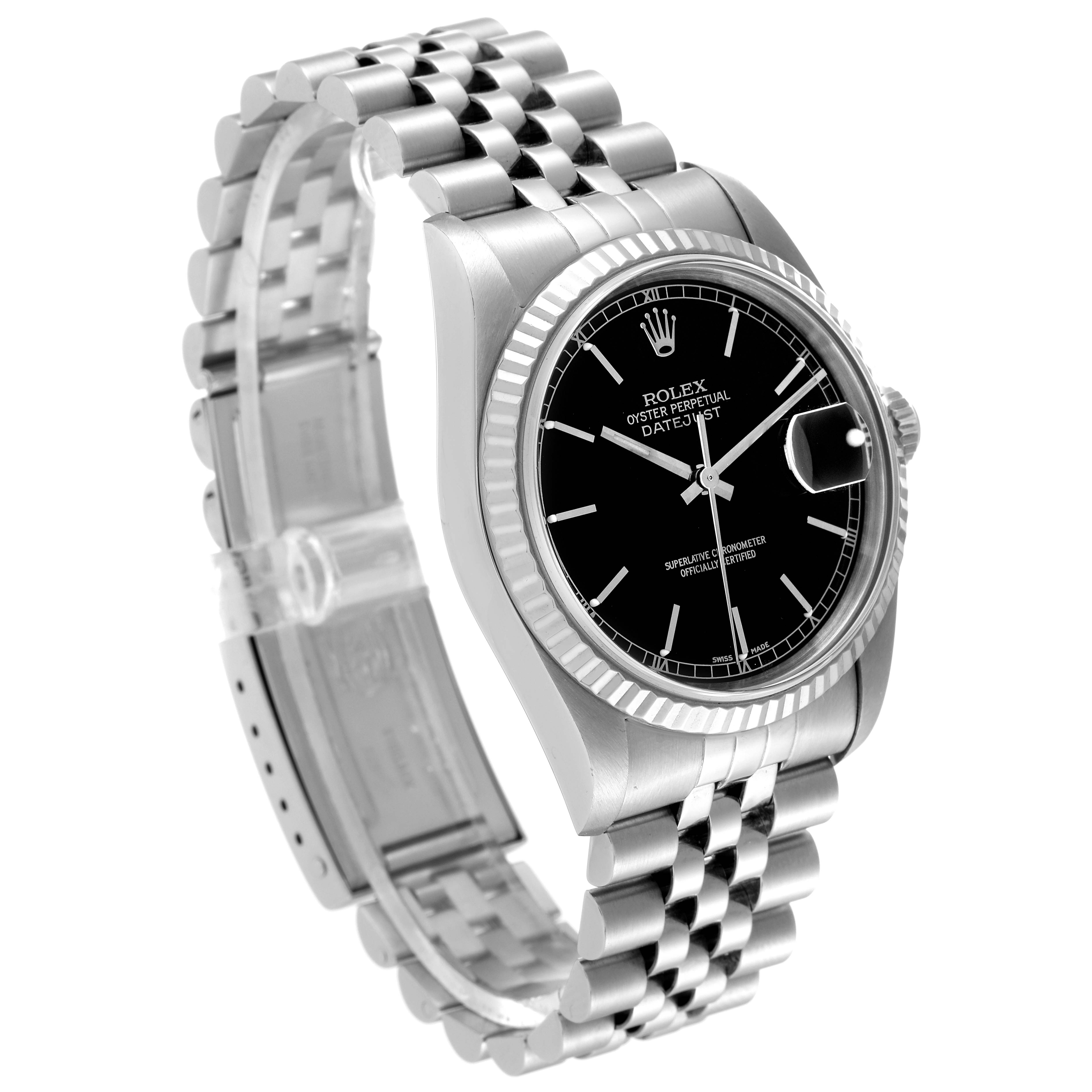 The image shows a Rolex Datejust 16234 Men's Stainless Steel Black Dial 16234 Men's Stainless Steel Black Dial watch angled from the top left, highlighting the dial, bezel, and Jubilee bracelet.