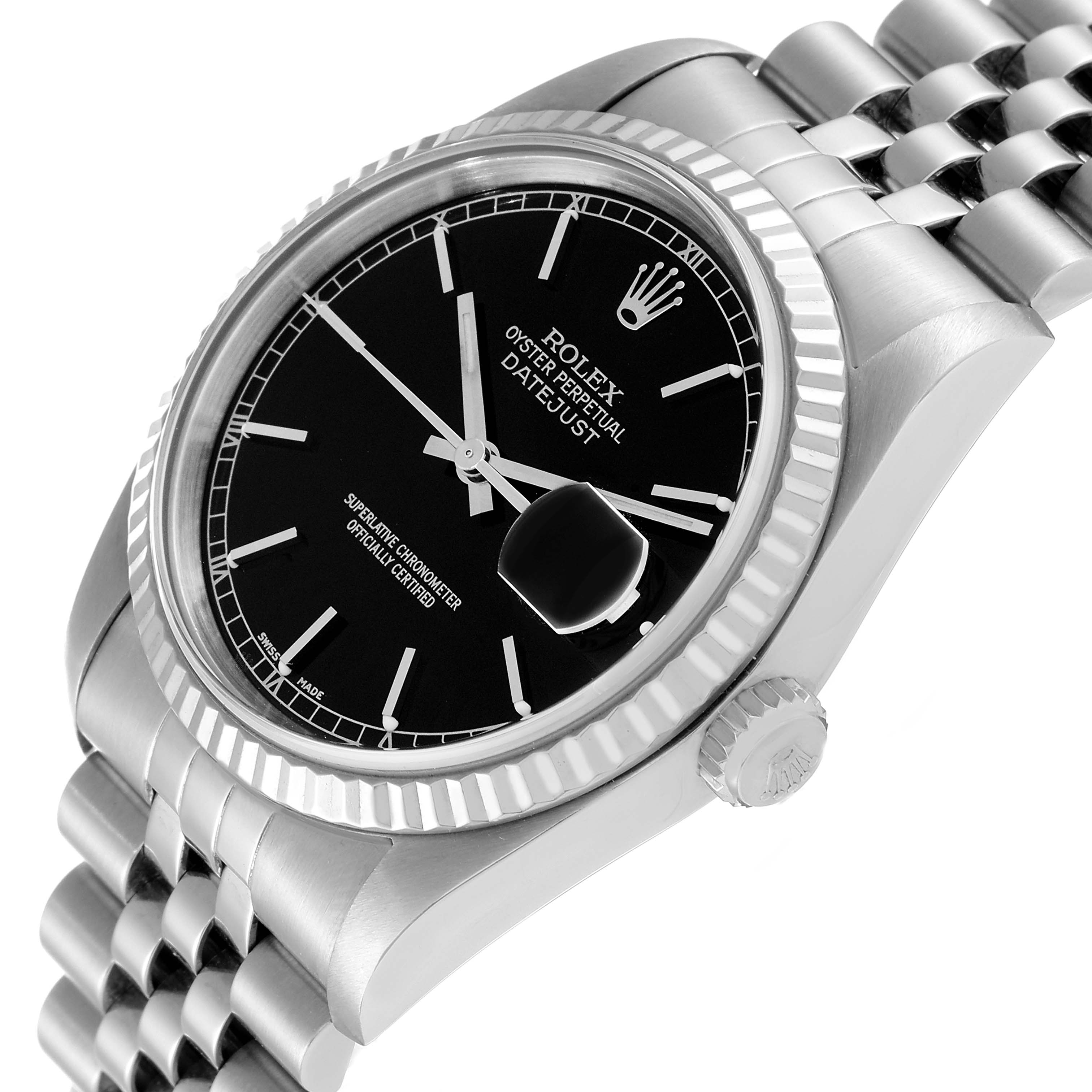This image shows a close-up angle of a Rolex Datejust 16234 Men's Stainless Steel Black Dial 16234 Men's Stainless Steel Black Dial watch, highlighting its dial, bezel, crown, and part of the bracelet.