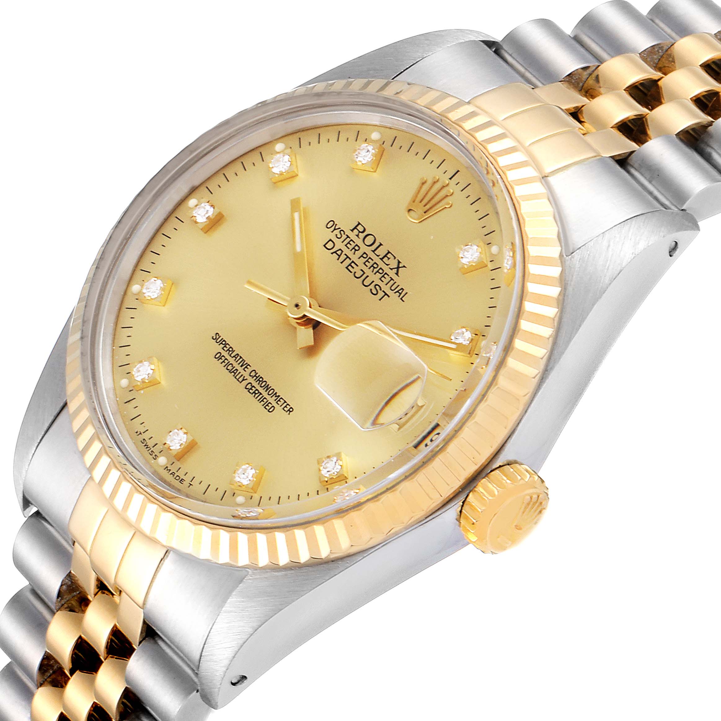 The Rolex Vintage Collection 16013 Men's Steel and Gold (two tone) Champagne Dial 16013 Men's Steel and Gold (two tone) Champagne Dial model watch is shown at an angled close-up, highlighting the face, bezel, and part of the band.