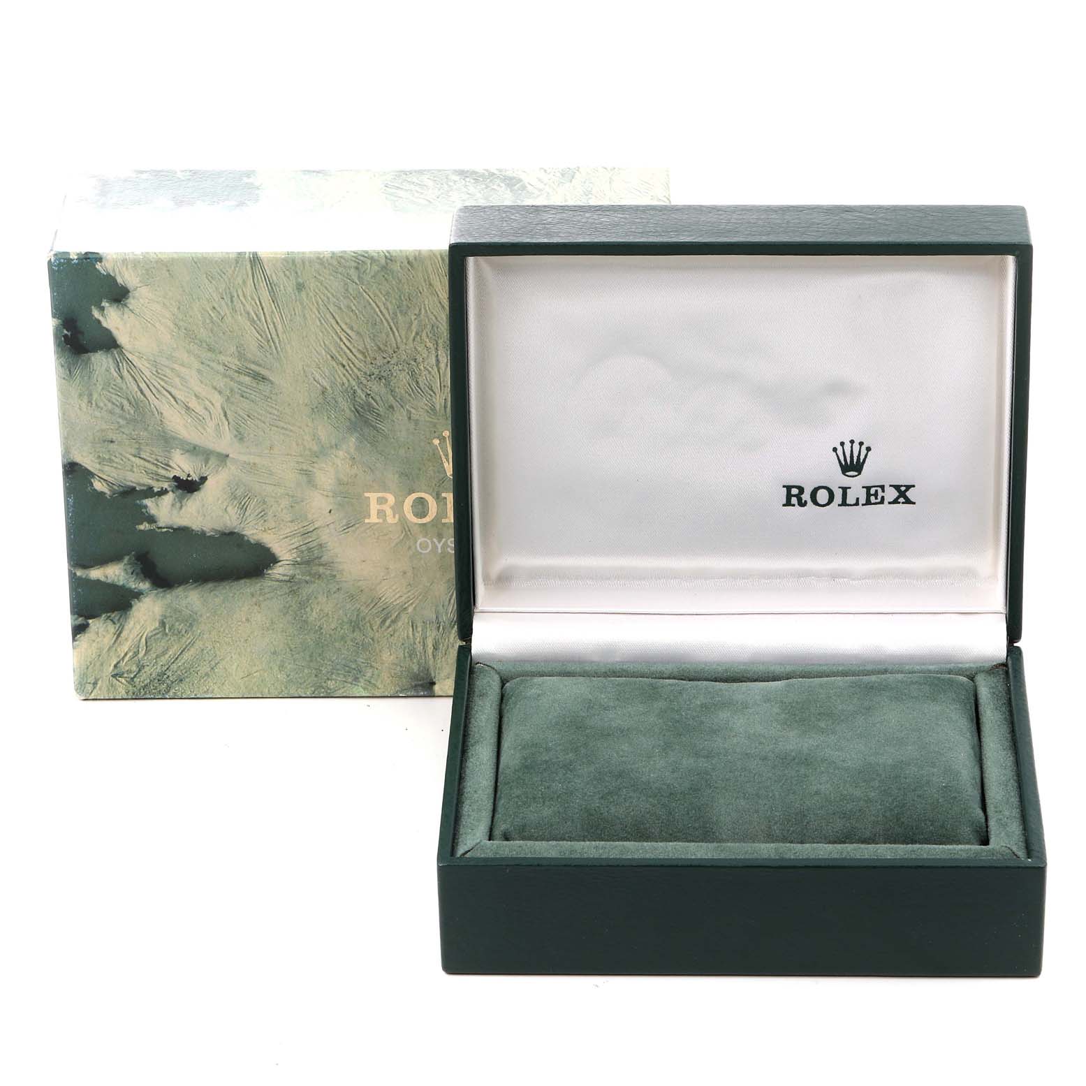 The image shows an open watch box and exterior packaging for the Rolex Vintage Collection 16013 Men's Steel and Gold (two tone) Champagne Dial 16013 Men's Steel and Gold (two tone) Champagne Dial model, showcasing the brand's logo inside.