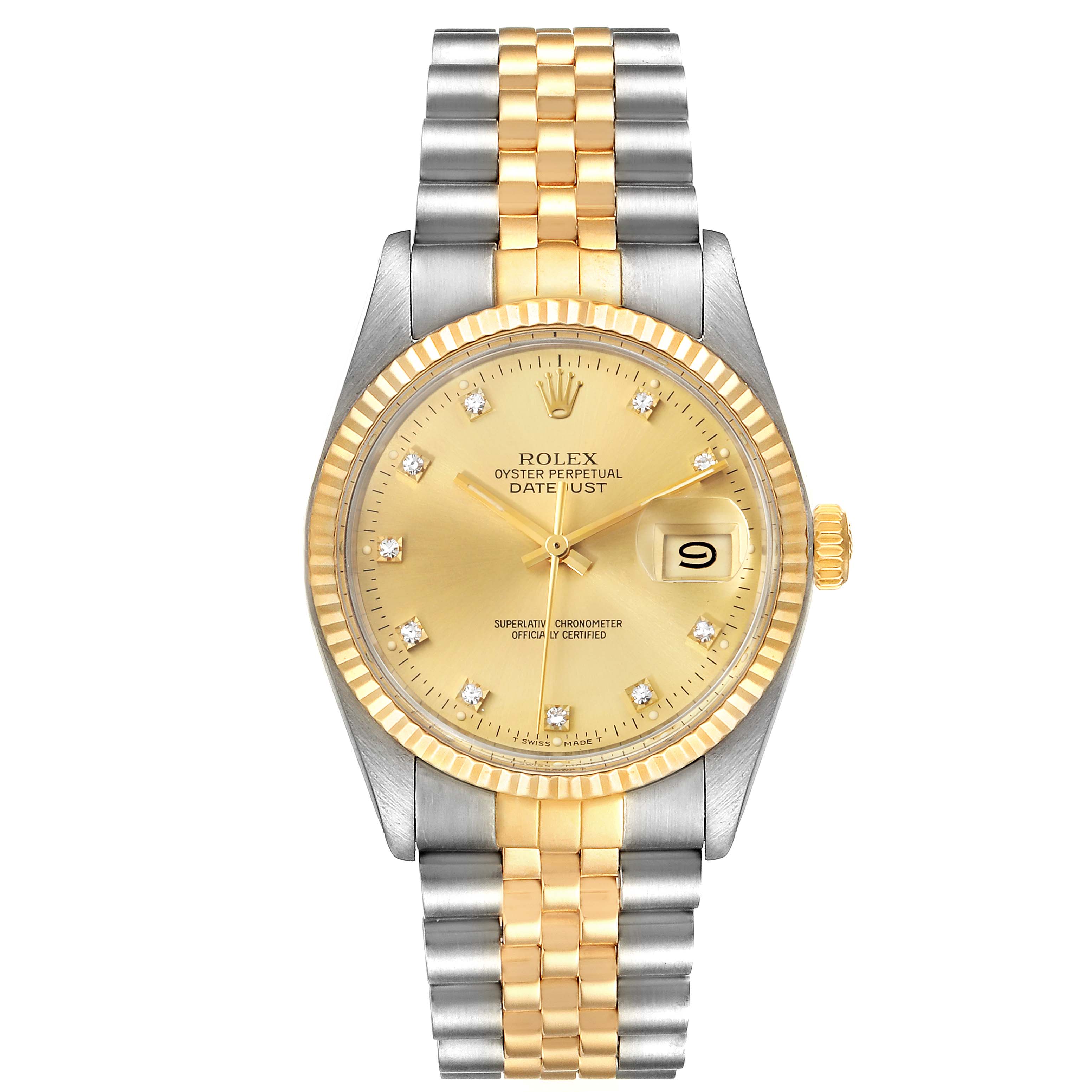 The Rolex Vintage Collection 16013 Men's Steel and Gold (two tone) Champagne Dial 16013 Men's Steel and Gold (two tone) Champagne Dial model watch is shown from the front, displaying its gold dial, two-tone bracelet, and date window.