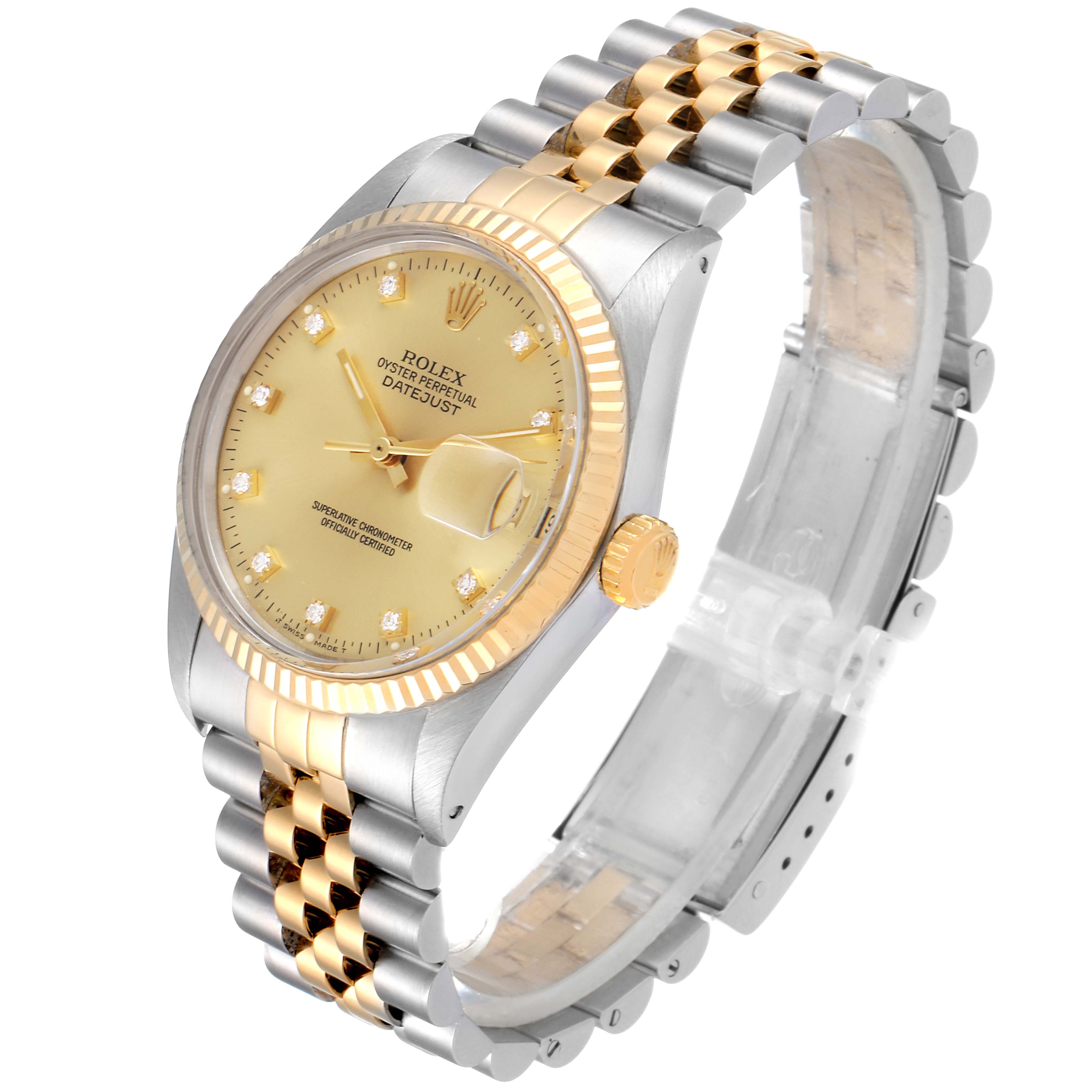 The image shows a side angle of the Rolex Vintage Collection 16013 Men's Steel and Gold (two tone) Champagne Dial 16013 Men's Steel and Gold (two tone) Champagne Dial Oyster Perpetual Datejust, highlighting its gold-and-silver bracelet, dial, and bezel.