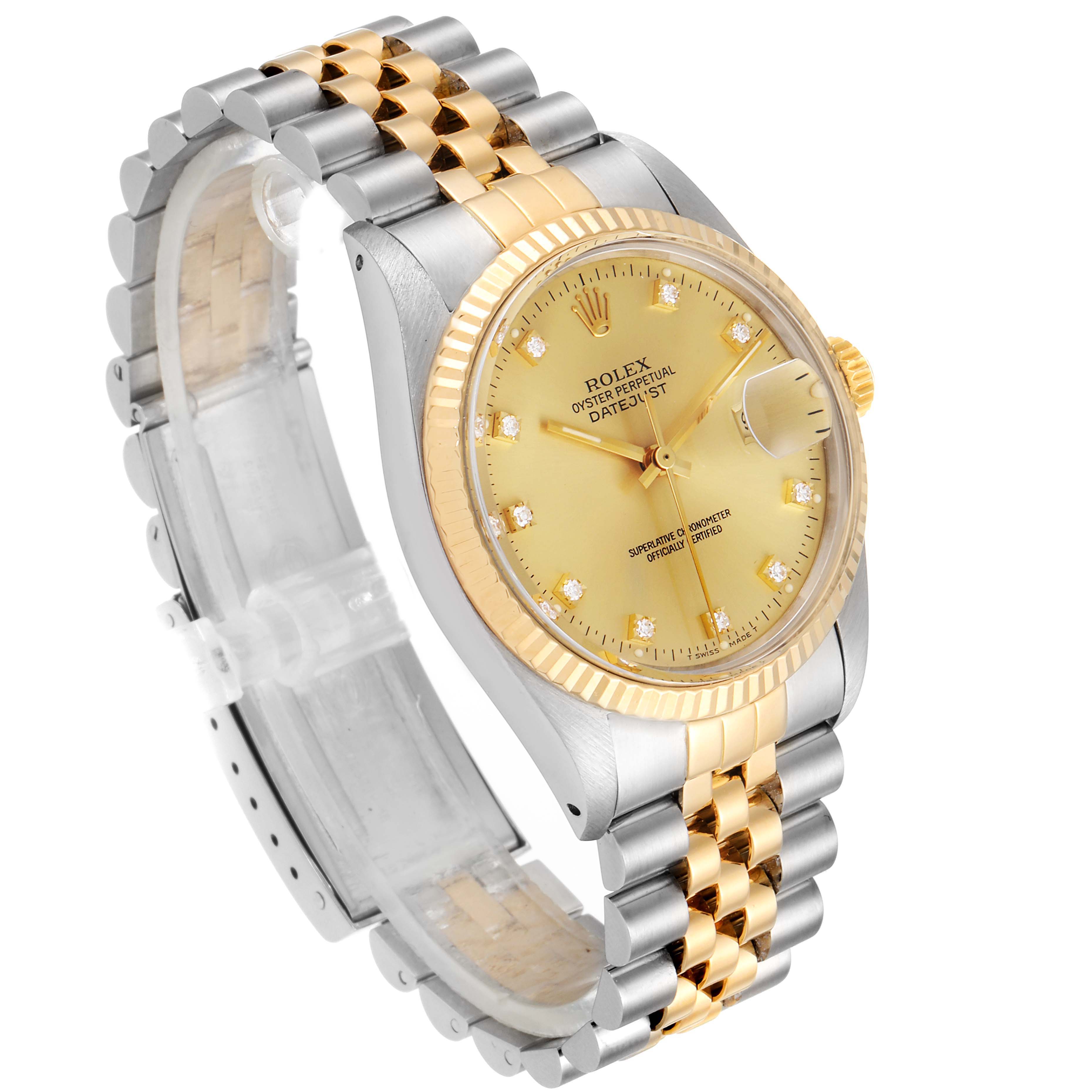 The Rolex Vintage Collection 16013 Men's Steel and Gold (two tone) Champagne Dial 16013 Men's Steel and Gold (two tone) Champagne Dial model is shown at an angle highlighting its face, bezel, crown, and two-tone bracelet.
