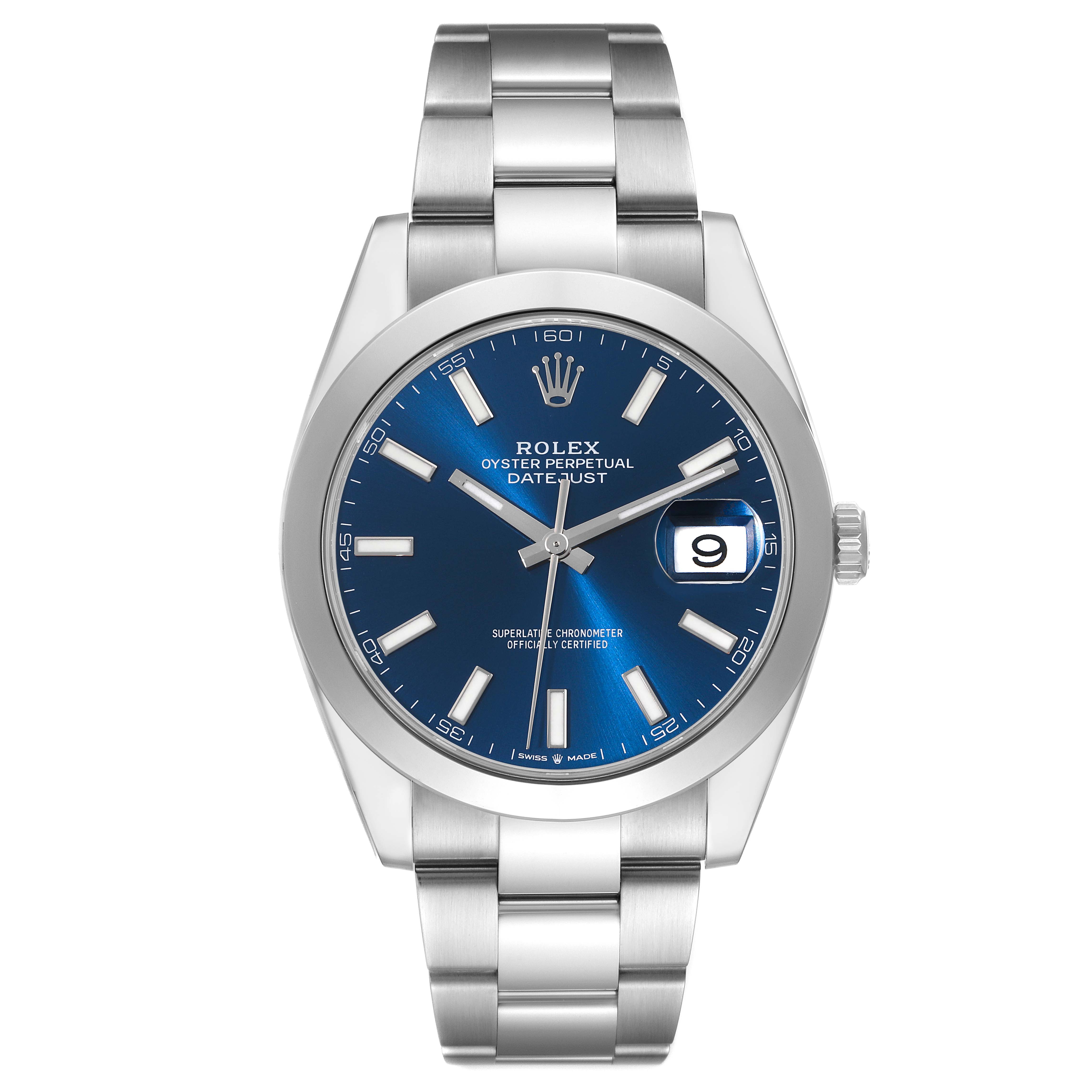 The Rolex Datejust 41 126300 Men
s Stainless Steel Blue Dial 126300 Men
s Stainless Steel Blue Dial watch is shown from the front, highlighting the blue dial, hands, markers, date window, and stainless steel bracelet.