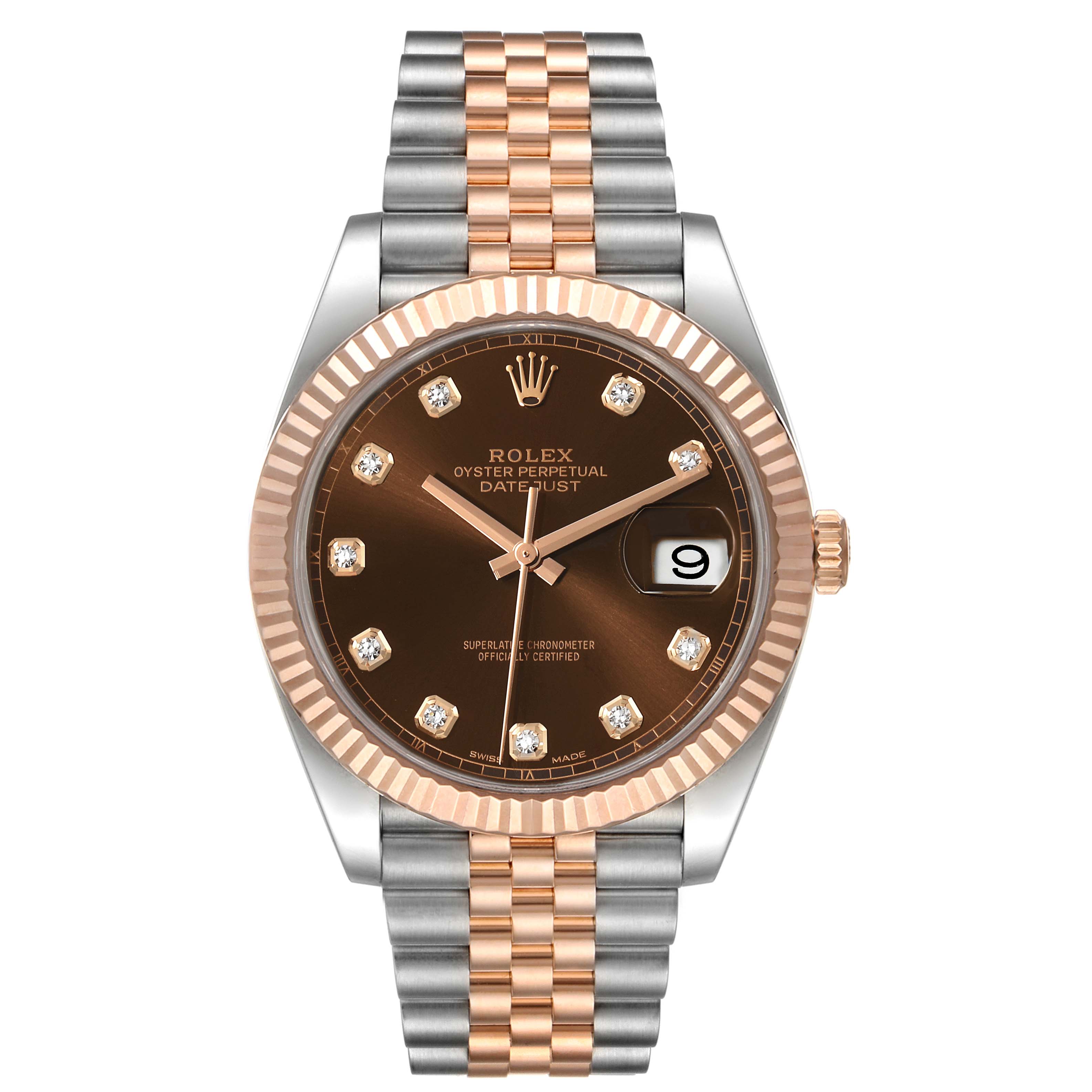The image shows the front view of the Rolex Datejust 41 126331 Men's Steel and Gold (two tone) Brown Dial 126331 Men's Steel and Gold (two tone) Brown Dial, highlighting the dial, hands, bezel, and bracelet.