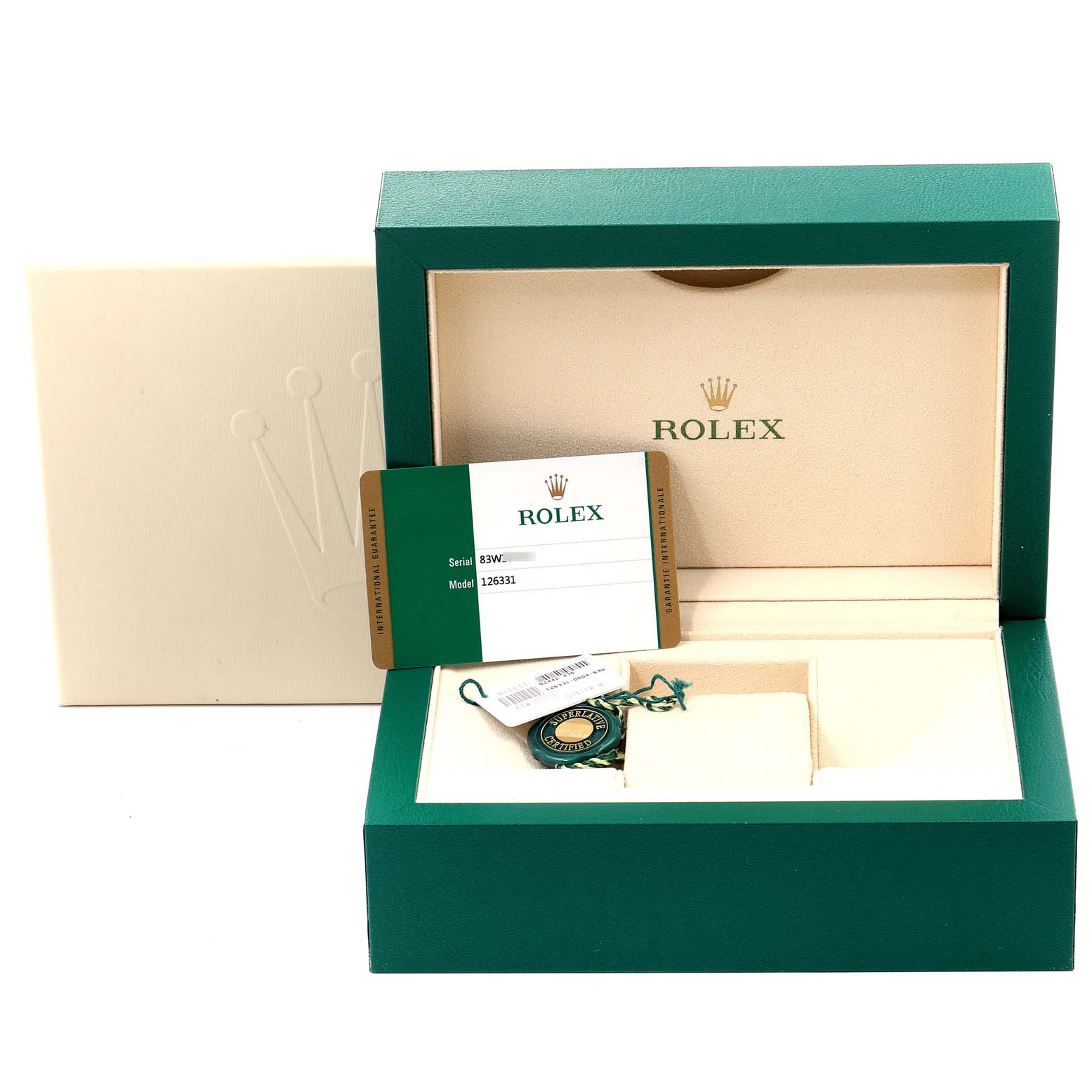 The image shows the box, warranty card, and tag of a Rolex Datejust 41 126331 Men's Steel and Gold (two tone) Brown Dial 126331 Men's Steel and Gold (two tone) Brown Dial model, with the box and accessories neatly arranged.
