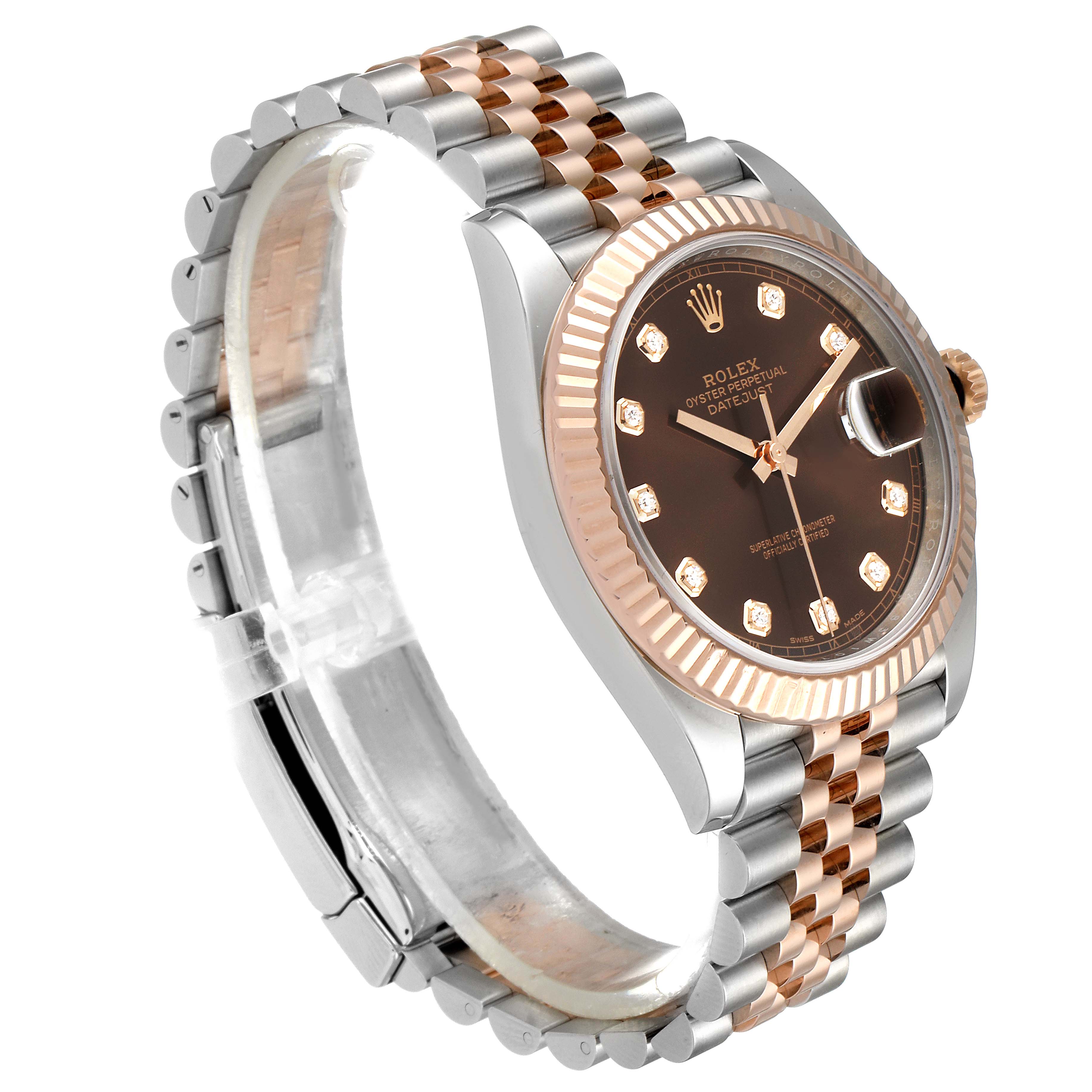 The Rolex Datejust 41 126331 Men's Steel and Gold (two tone) Brown Dial 126331 Men's Steel and Gold (two tone) Brown Dial watch is shown at a three-quarter angle, displaying the dial, fluted bezel, and the two-tone Jubilee bracelet.