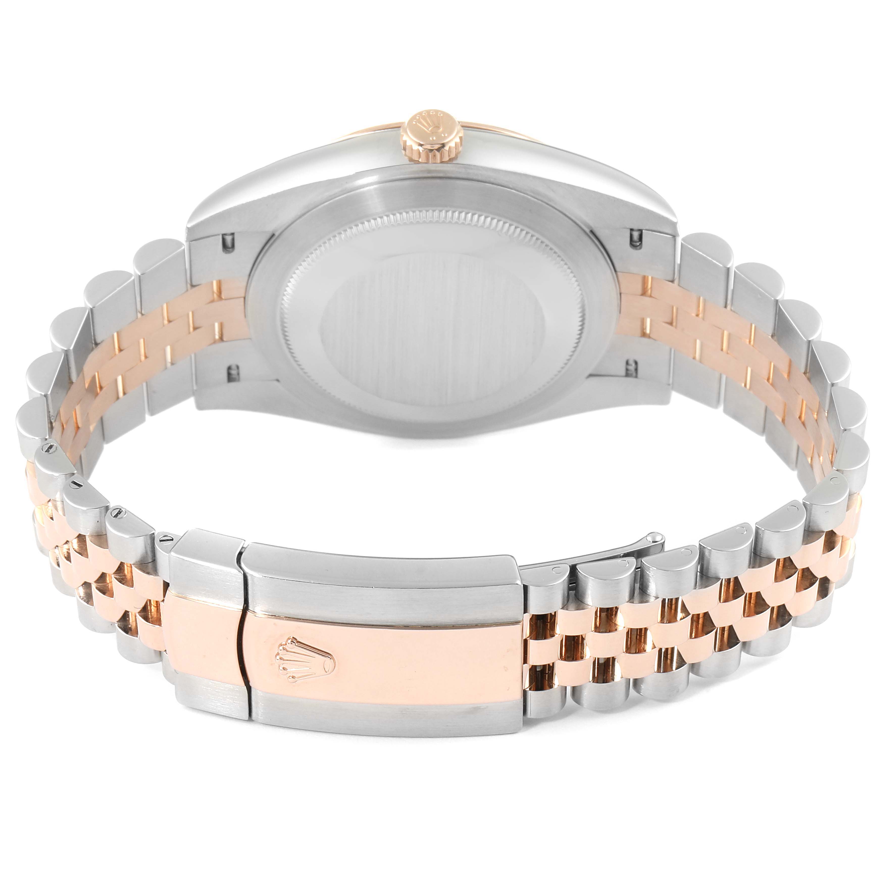 The image shows the back view of the Rolex Datejust 41 126331 Men's Steel and Gold (two tone) Brown Dial 126331 Men's Steel and Gold (two tone) Brown Dial watch, highlighting its caseback, crown, and two-tone bracelet with a clasp.