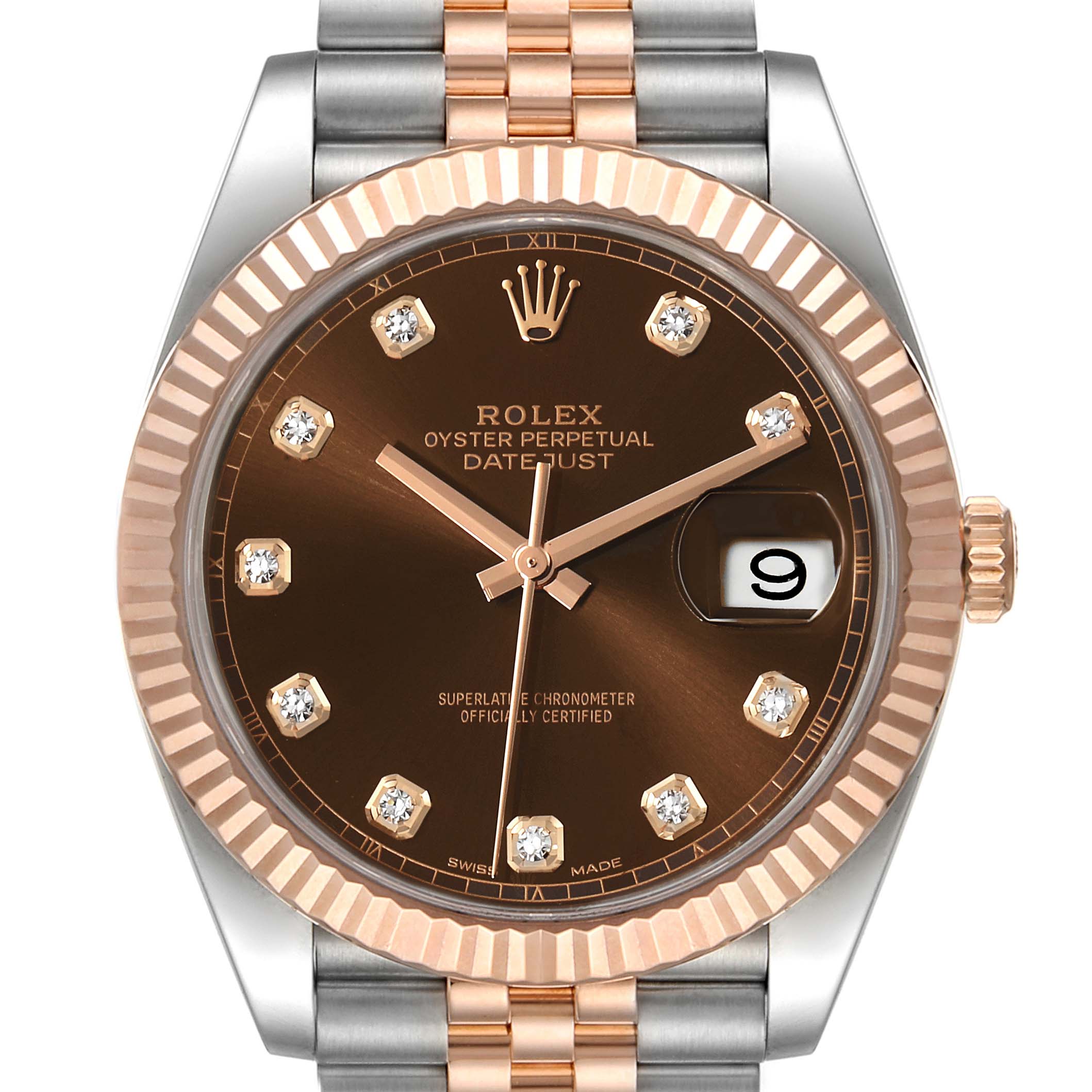 This is a front view of the Rolex Datejust 41 126331 Men's Steel and Gold (two tone) Brown Dial 126331 Men's Steel and Gold (two tone) Brown Dial, showing the dial, bezel, crown, and part of the bracelet.