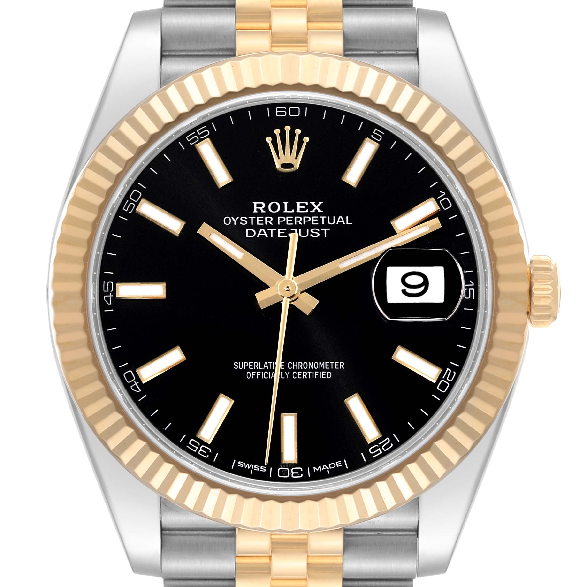The image shows a front view of the Rolex Datejust 41 126333 Men's Steel and Gold (two tone) Black Dial 126333 Men's Steel and Gold (two tone) Black Dial watch, highlighting its dial, hands, bezel, and bracelet.