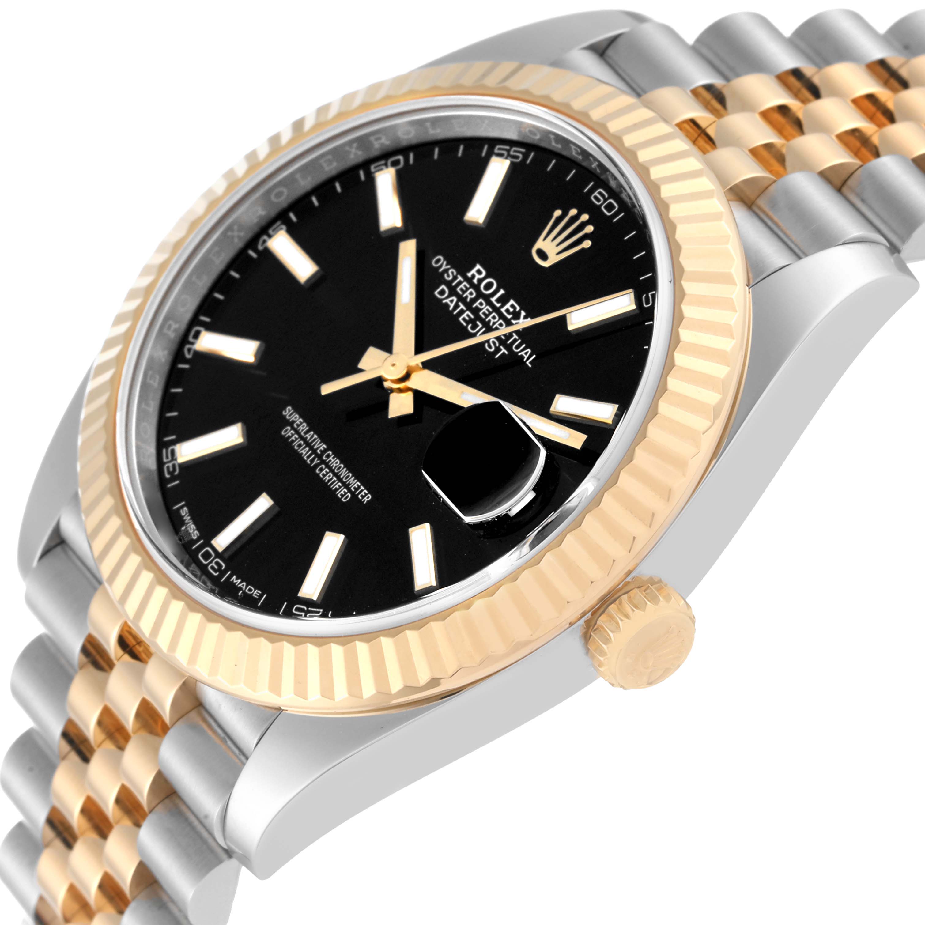 The image shows a close-up angled view of the Rolex Datejust 41 126333 Men's Steel and Gold (two tone) Black Dial 126333 Men's Steel and Gold (two tone) Black Dial watch, highlighting the face, bezel, crown, and part of the bracelet.