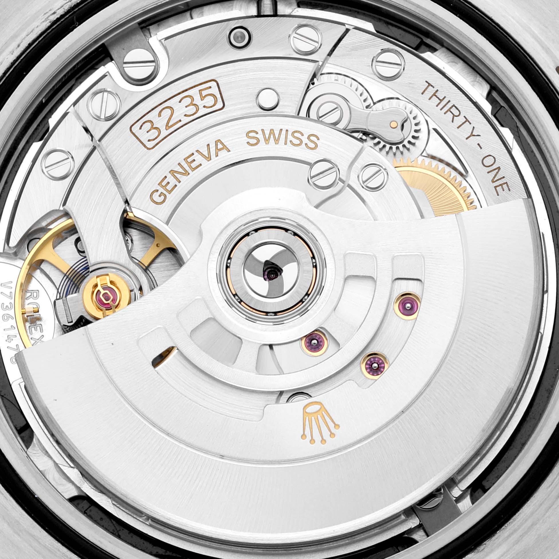 This image shows a close-up view of the Rolex Datejust 41 126333 Men's Steel and Gold (two tone) Black Dial 126333 Men's Steel and Gold (two tone) Black Dial's Caliber 3235 movement from the back.