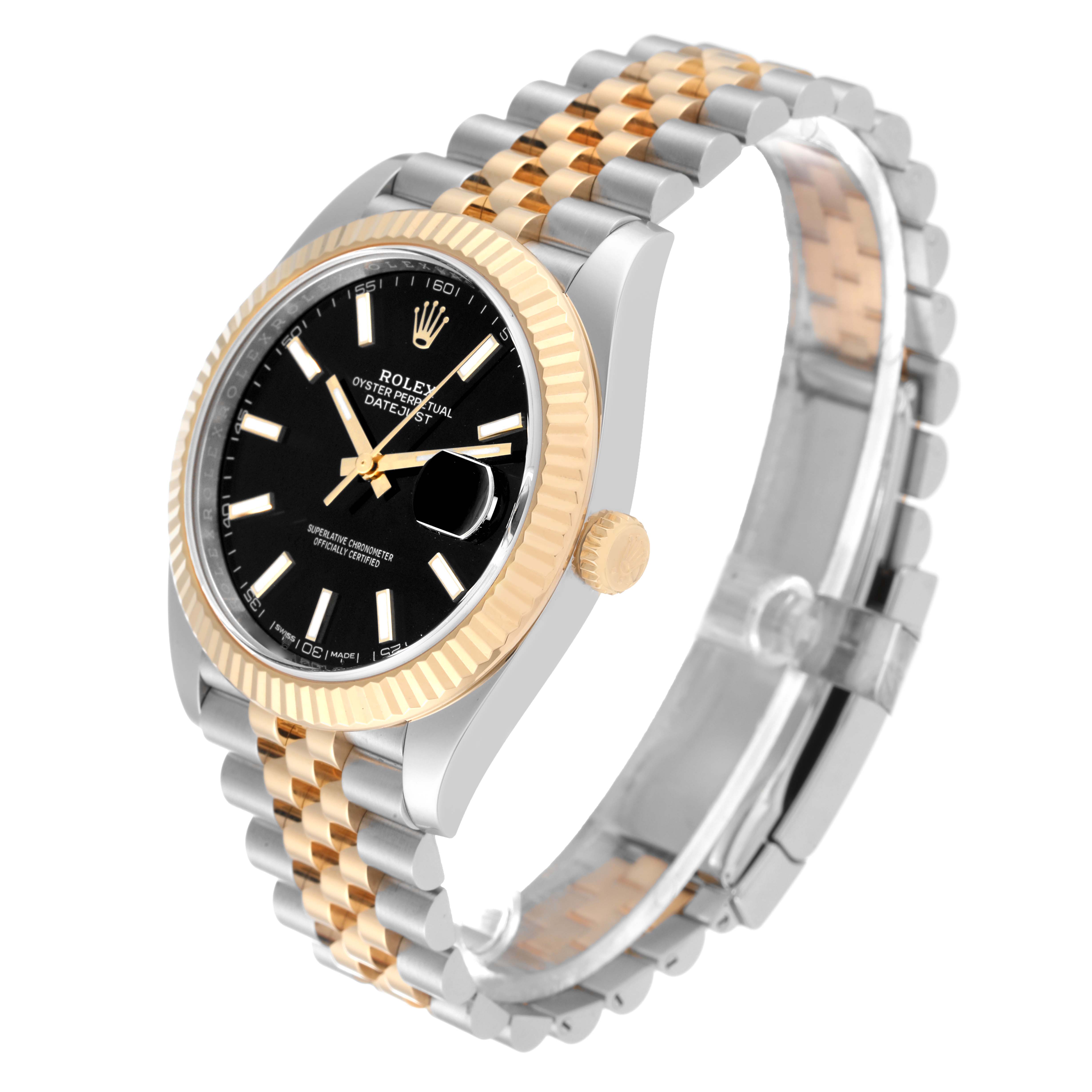 The image shows a side and front angle of a Rolex Datejust 41 126333 Men's Steel and Gold (two tone) Black Dial 126333 Men's Steel and Gold (two tone) Black Dial, highlighting its black dial, fluted bezel, and two-tone Jubilee bracelet.