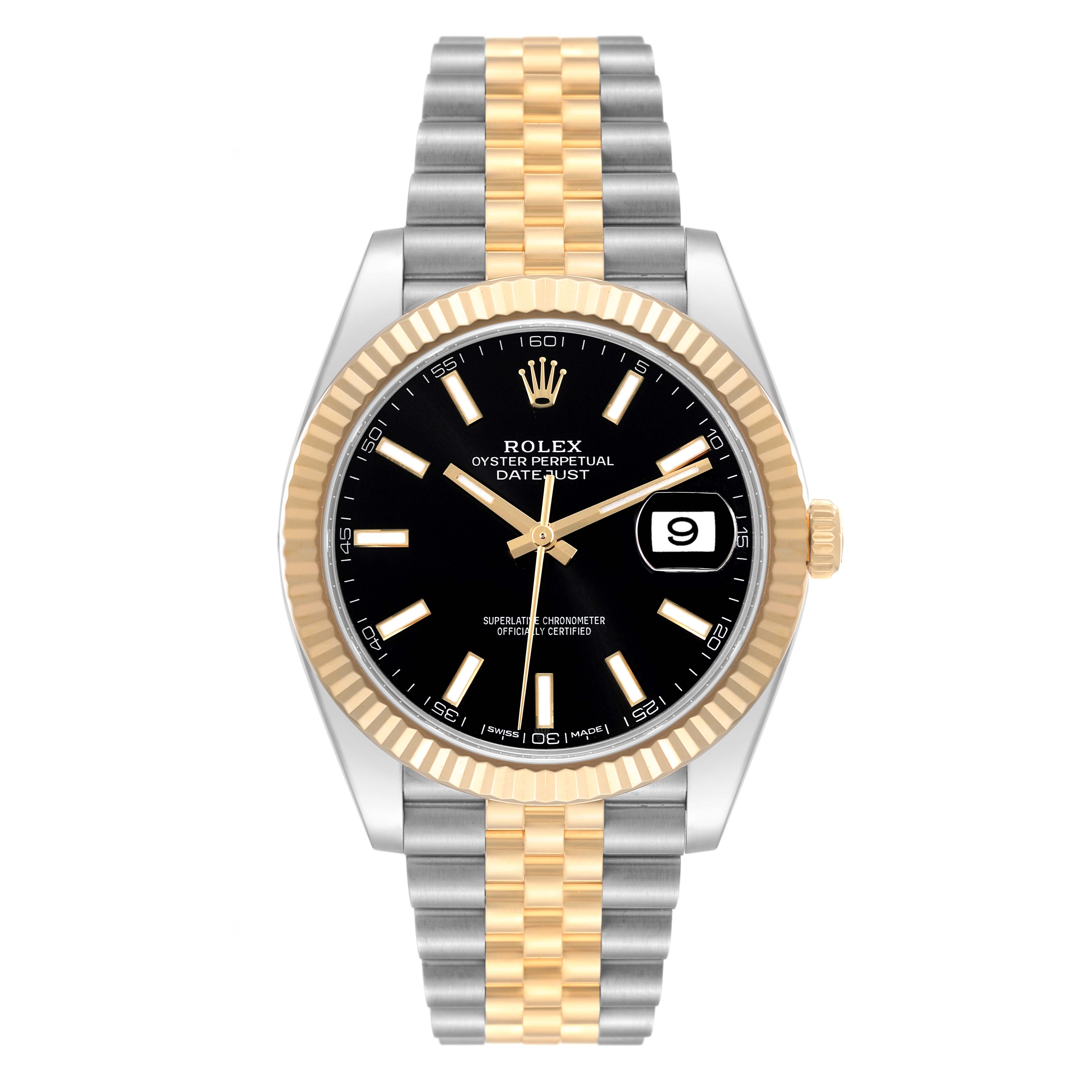 The image shows a frontal view of a Rolex Datejust 41 126333 Men's Steel and Gold (two tone) Black Dial 126333 Men's Steel and Gold (two tone) Black Dial watch, featuring a black dial and a two-tone bracelet.