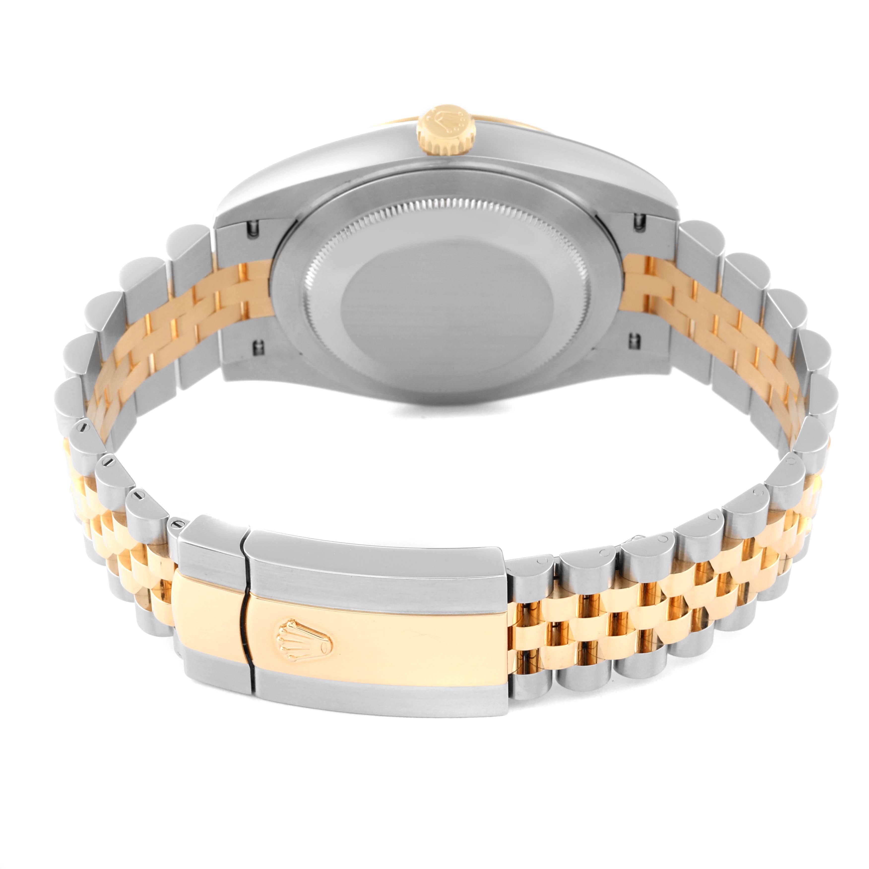 This image shows the back view of a Rolex Datejust 41 126333 Men's Steel and Gold (two tone) Black Dial 126333 Men's Steel and Gold (two tone) Black Dial model, highlighting the clasp and bracelet.