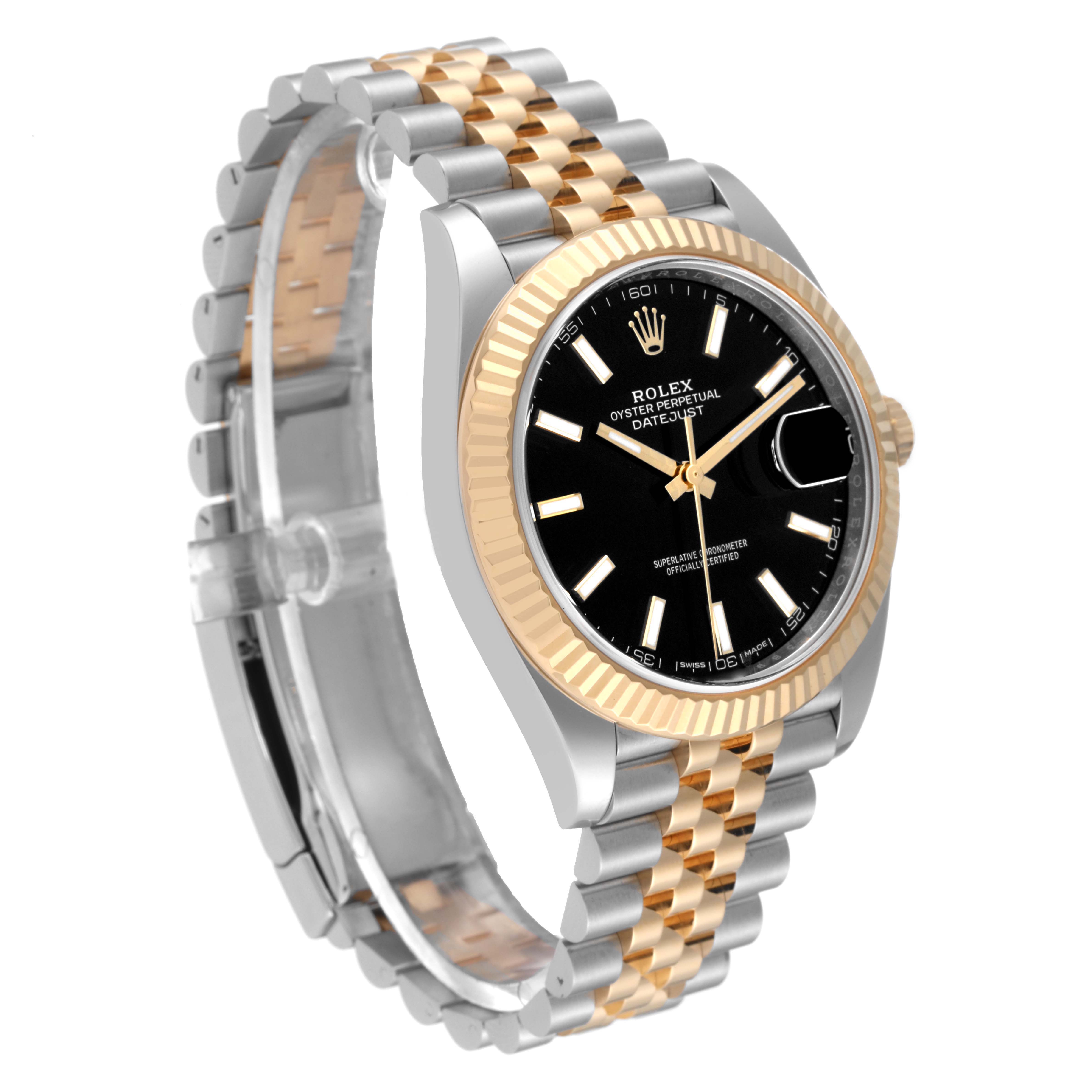 The image shows a Rolex Datejust 41 126333 Men's Steel and Gold (two tone) Black Dial 126333 Men's Steel and Gold (two tone) Black Dial watch from an angled front view, displaying the dial, bezel, and Jubilee bracelet.