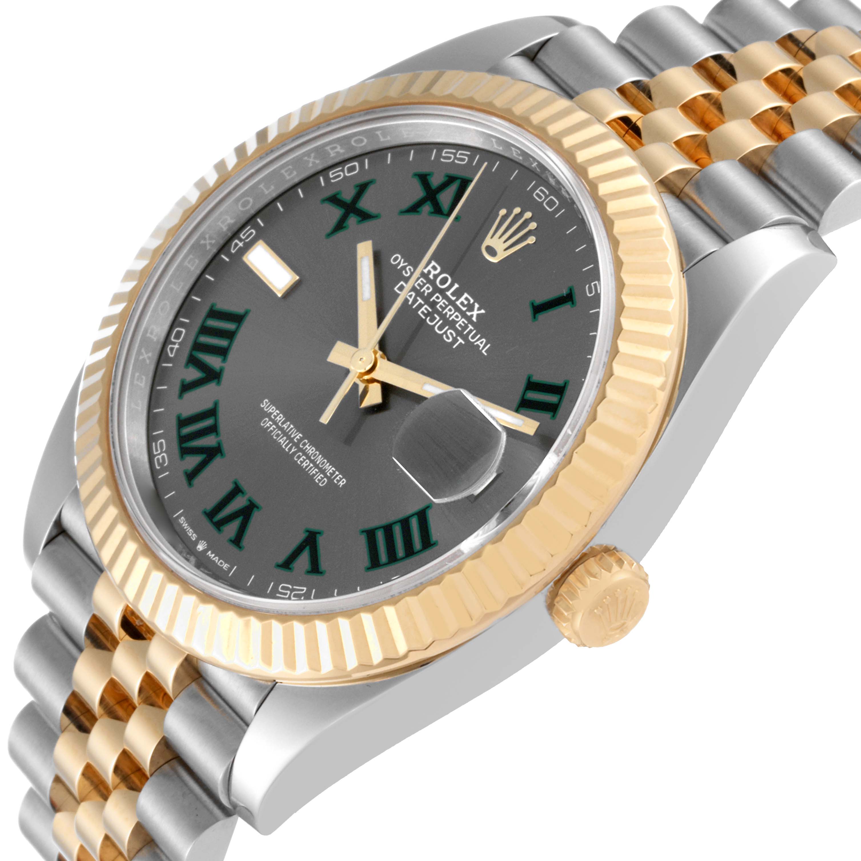 The image shows a close-up view of the Rolex Datejust 41 126333 Men's Steel and Gold (two tone) Grey Dial 126333 Men's Steel and Gold (two tone) Grey Dial, highlighting its face, bezel, and part of its two-tone bracelet.