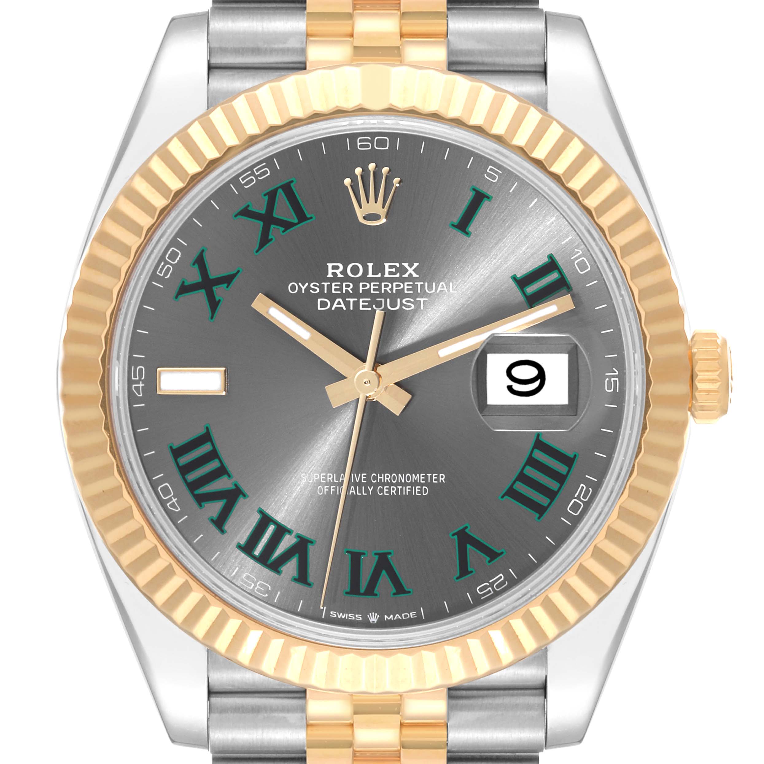 This is a close-up, frontal view of the Rolex Datejust 41 126333 Men's Steel and Gold (two tone) Grey Dial 126333 Men's Steel and Gold (two tone) Grey Dial, showcasing its dial, hands, bezel, and part of the bracelet.