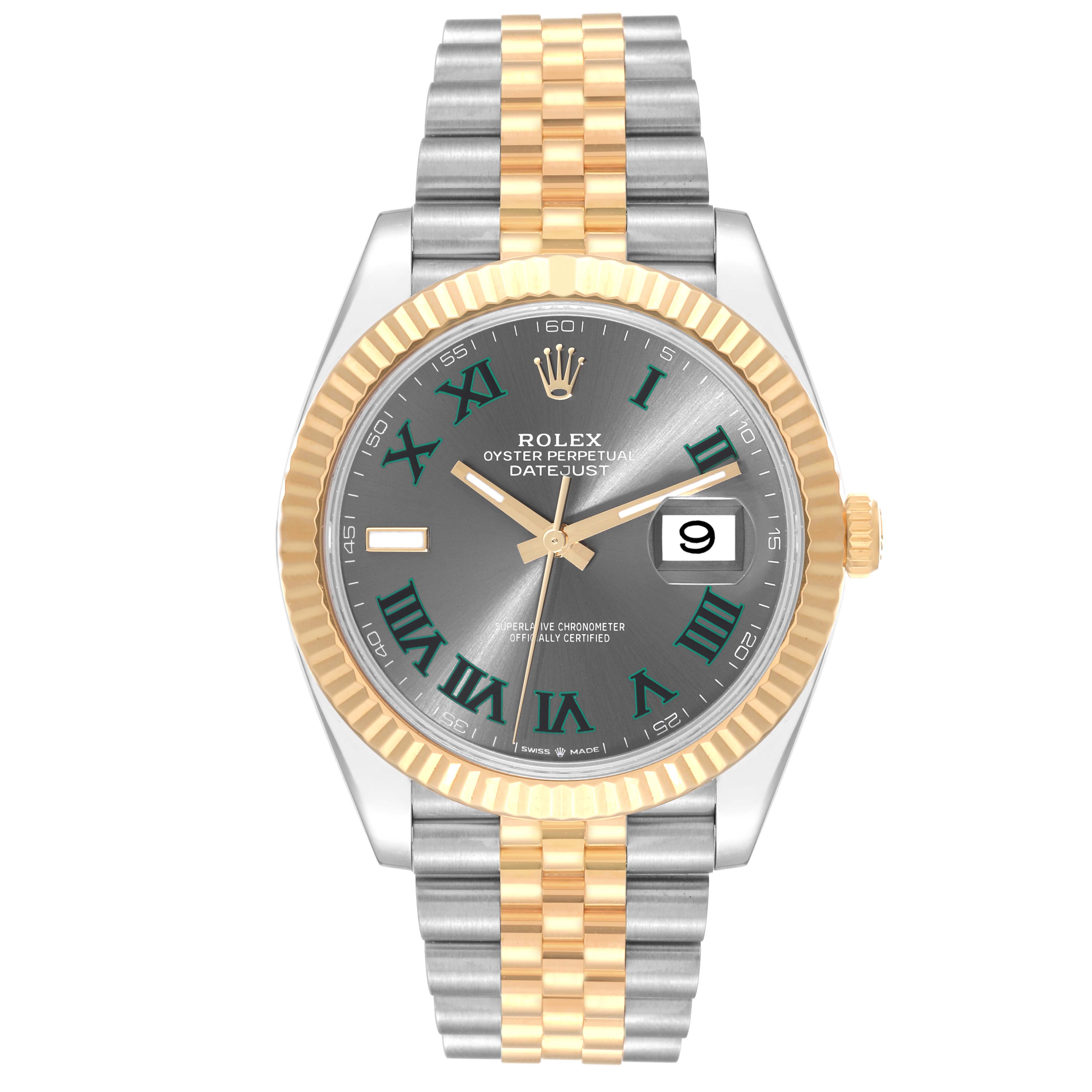 This image shows a Rolex Datejust 41 126333 Men's Steel and Gold (two tone) Grey Dial 126333 Men's Steel and Gold (two tone) Grey Dial model from a front angle, highlighting the two-tone bracelet, bezel, and dial.