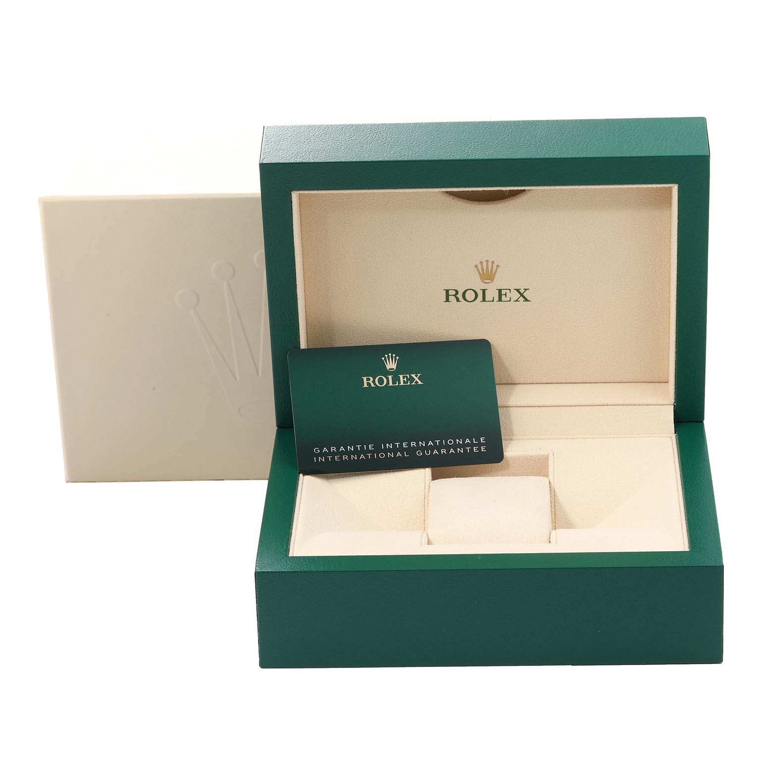 This image shows the packaging and international guarantee card for a Rolex Datejust 41 126333 Men's Steel and Gold (two tone) Grey Dial 126333 Men's Steel and Gold (two tone) Grey Dial watch.