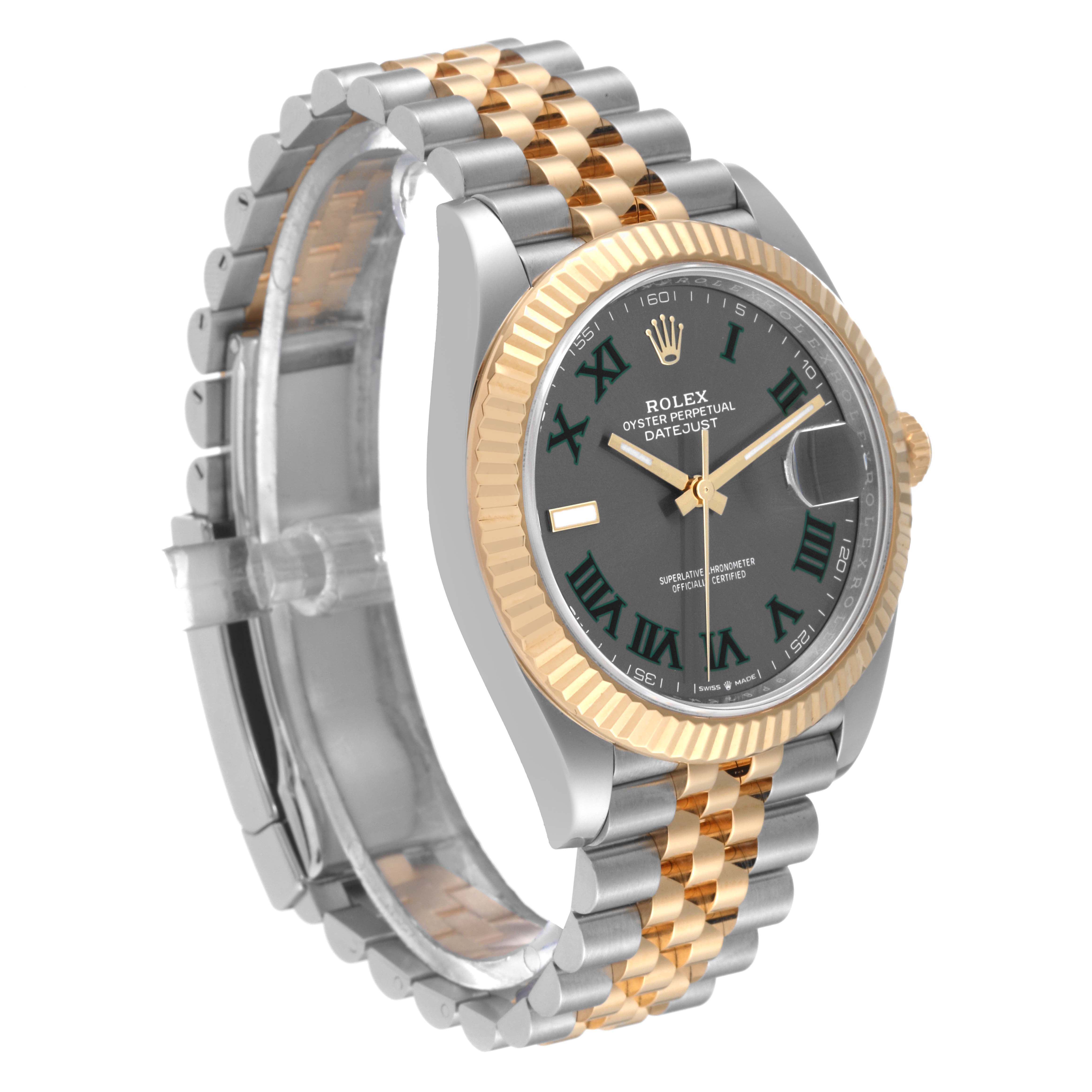 This image shows a side angle of the Rolex Datejust 41 126333 Men's Steel and Gold (two tone) Grey Dial 126333 Men's Steel and Gold (two tone) Grey Dial featuring a two-tone metal bracelet and fluted bezel.