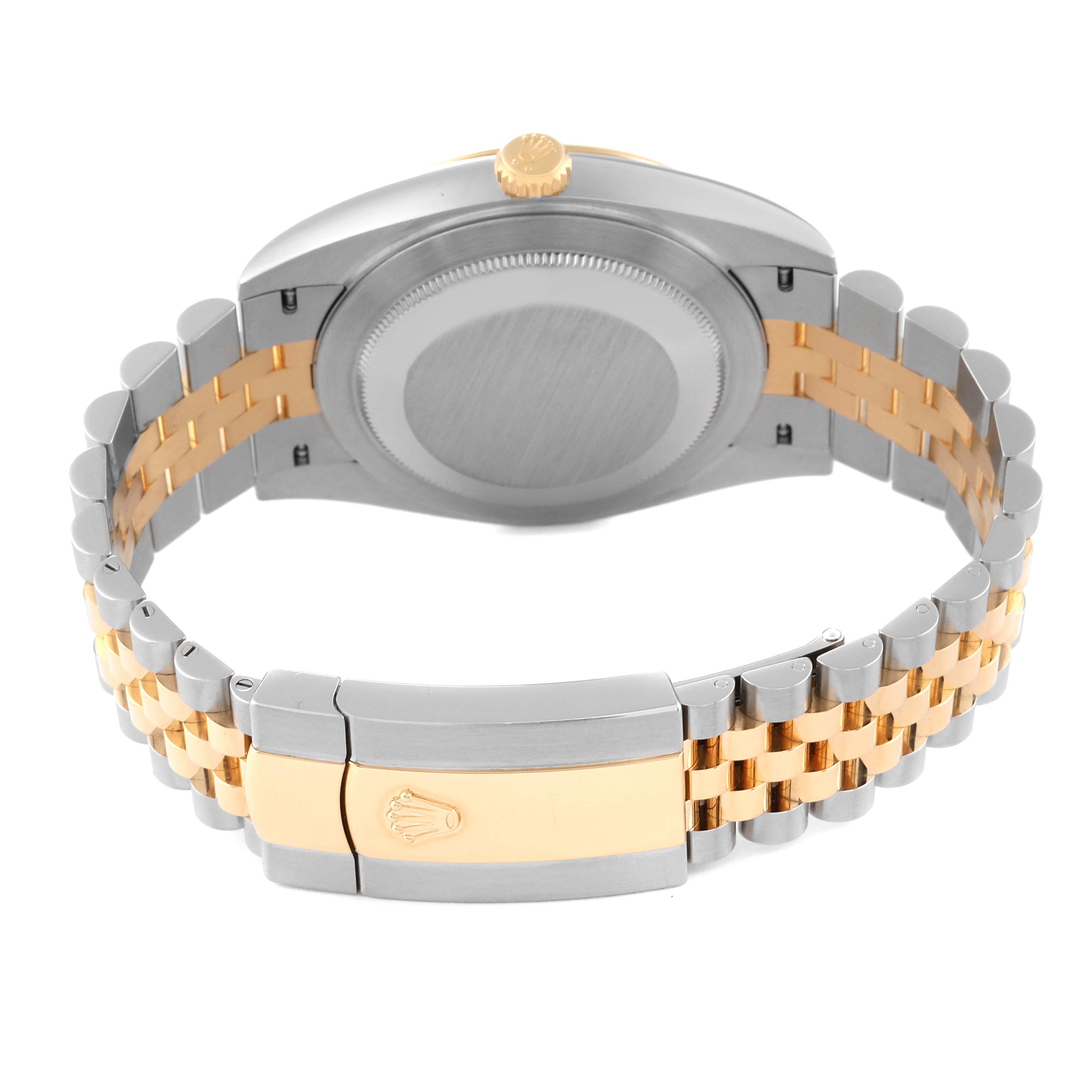 This image shows the back view of a Rolex Datejust 41 126333 Men's Steel and Gold (two tone) Grey Dial 126333 Men's Steel and Gold (two tone) Grey Dial, highlighting its stainless steel and gold bracelet and the clasp.