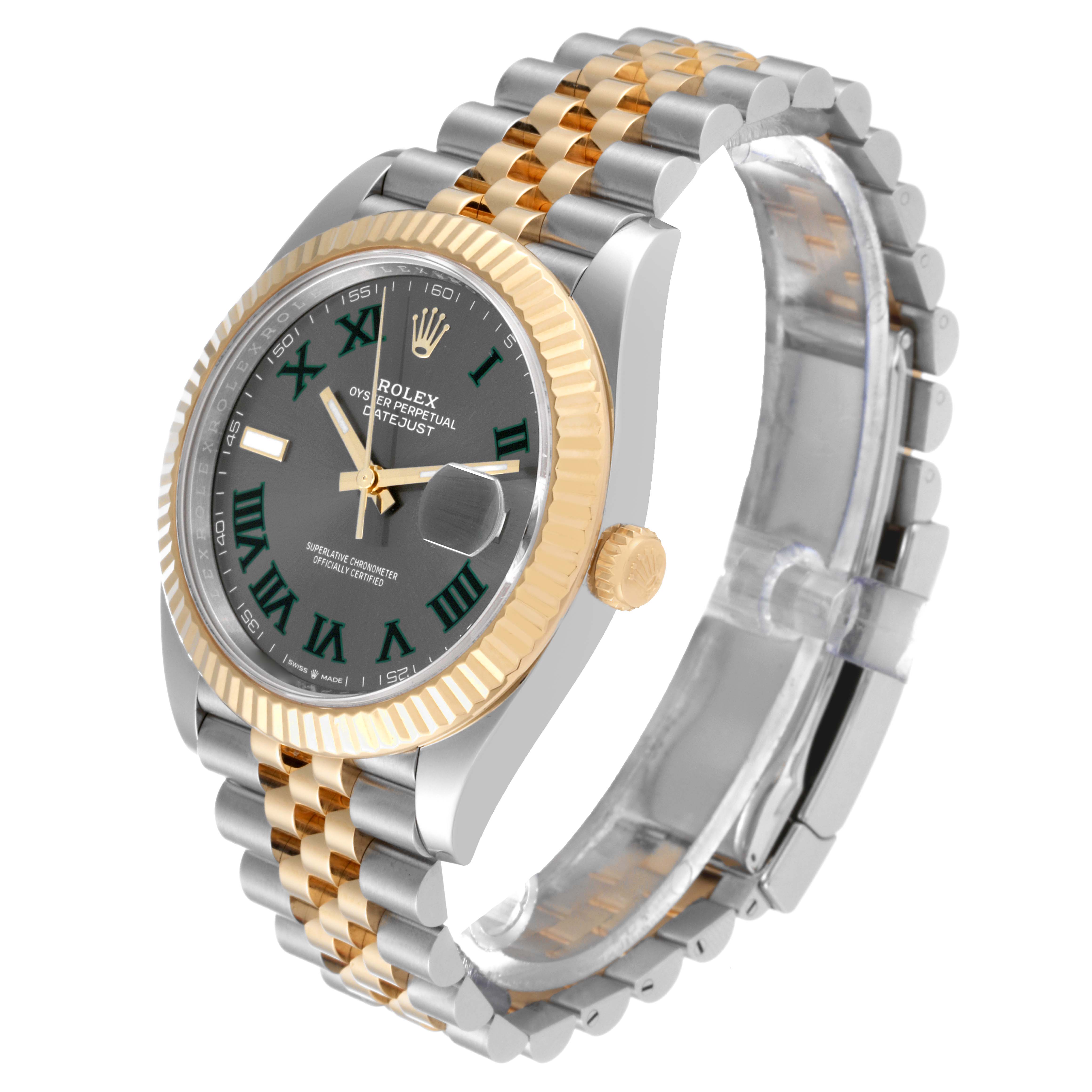 The image shows a side angle of the Rolex Datejust 41 126333 Men's Steel and Gold (two tone) Grey Dial 126333 Men's Steel and Gold (two tone) Grey Dial watch, highlighting its two-tone bracelet, dial, fluted bezel, and winding crown.