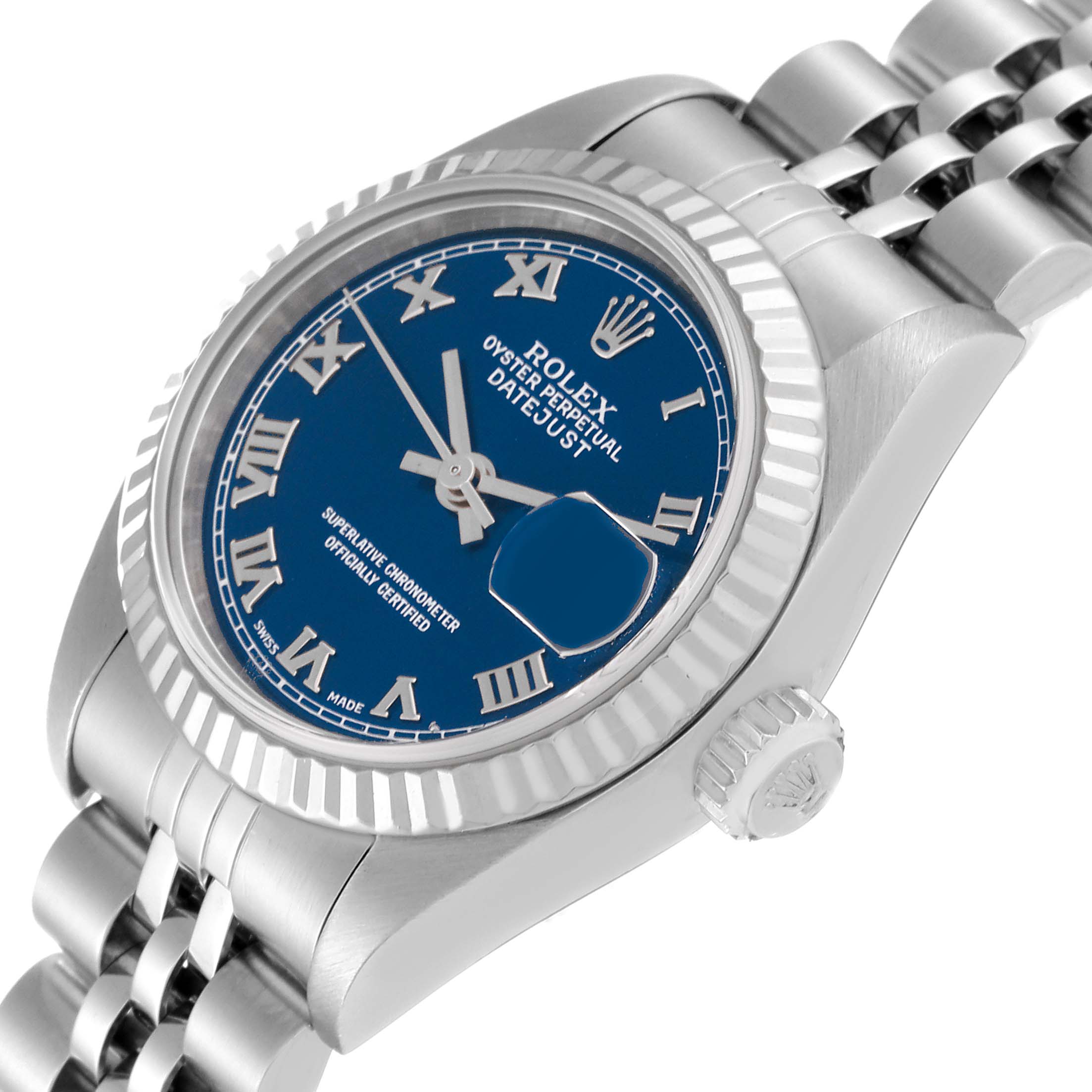 This image shows a Rolex Datejust 79174 Women's Stainless Steel Blue Dial 79174 Women's Stainless Steel Blue Dial watch at an angle highlighting the blue dial, fluted bezel, and part of the Jubilee bracelet.