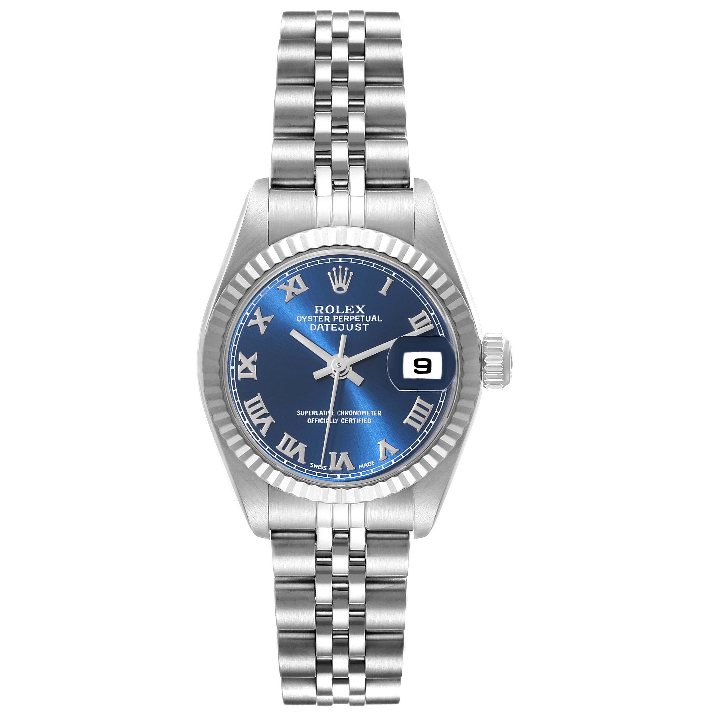 The Rolex Datejust 79174 Women's Stainless Steel Blue Dial 79174 Women's Stainless Steel Blue Dial watch is shown from a top-down angle, displaying the bracelet, dial, bezel, and crown.